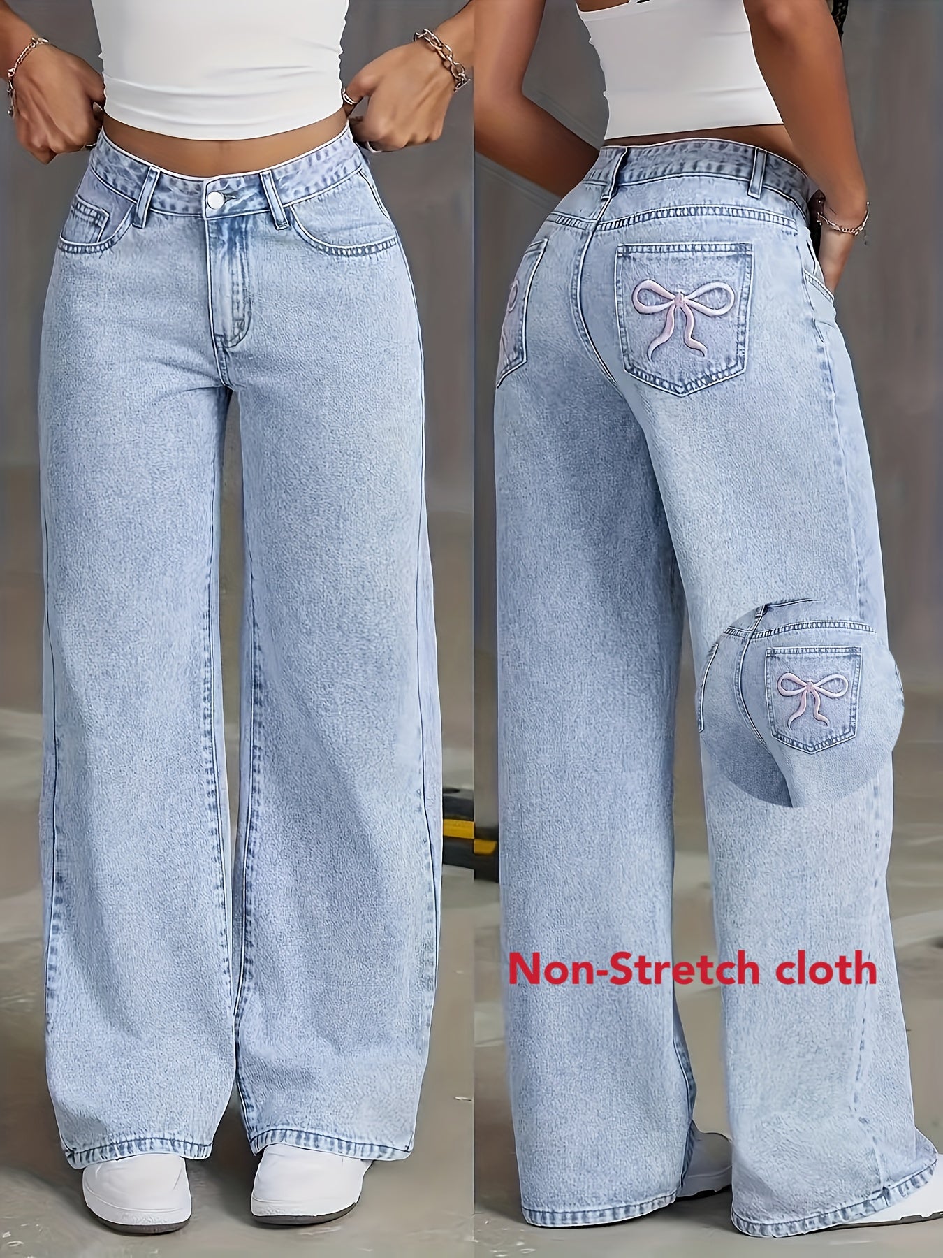 Women's High-Rise Light Wash Blue Denim Wide-Leg Pants with Butterfly Details - Street Style, Non-Stretch Fabric, Machine Washable