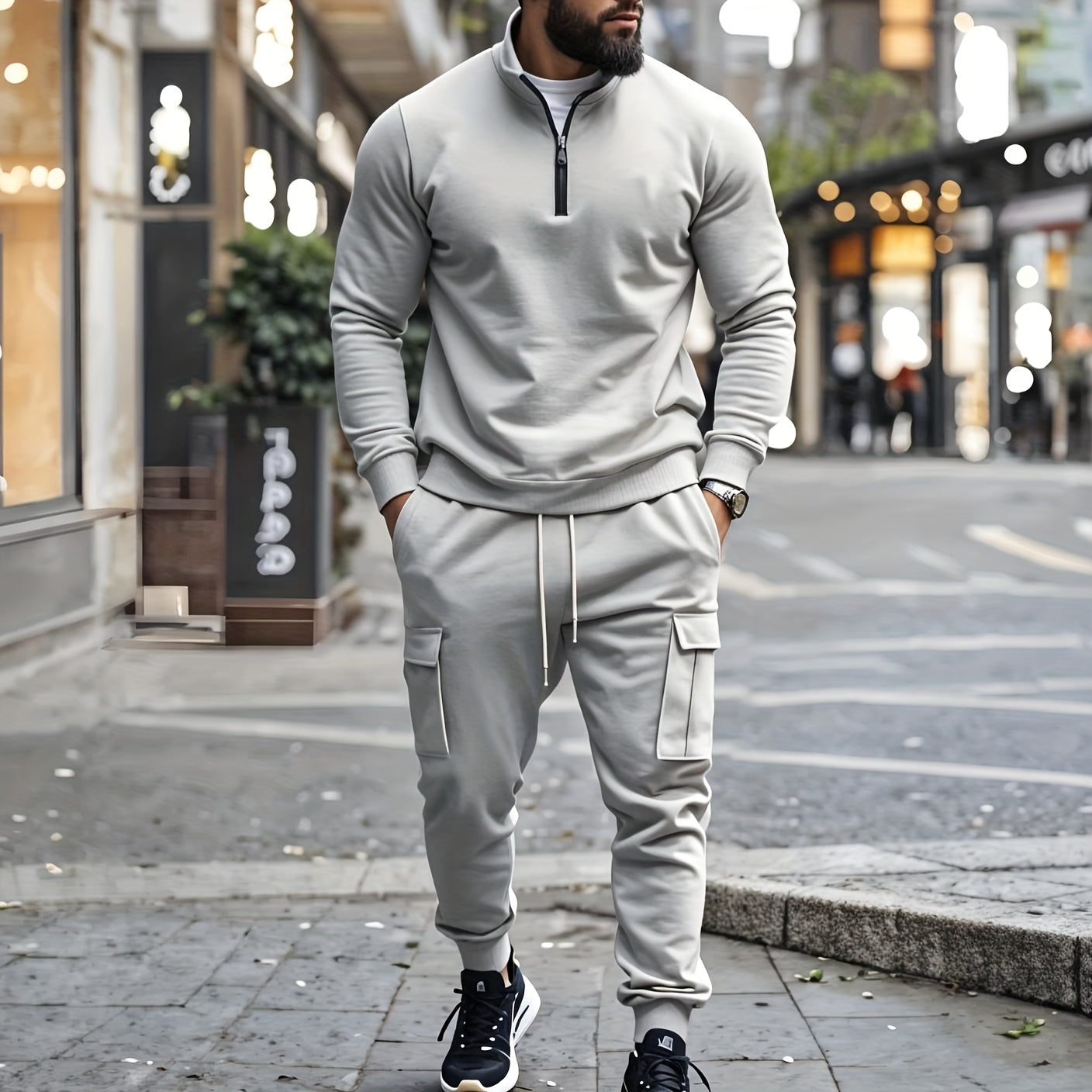 Versatile Ensemble, Men's Casual 2pcs Set: Heavyweight Zip-Up High Neck Sweatshirt & Pocketed Work Pants - Solid Color, Plush Fabric for Fall/Winter