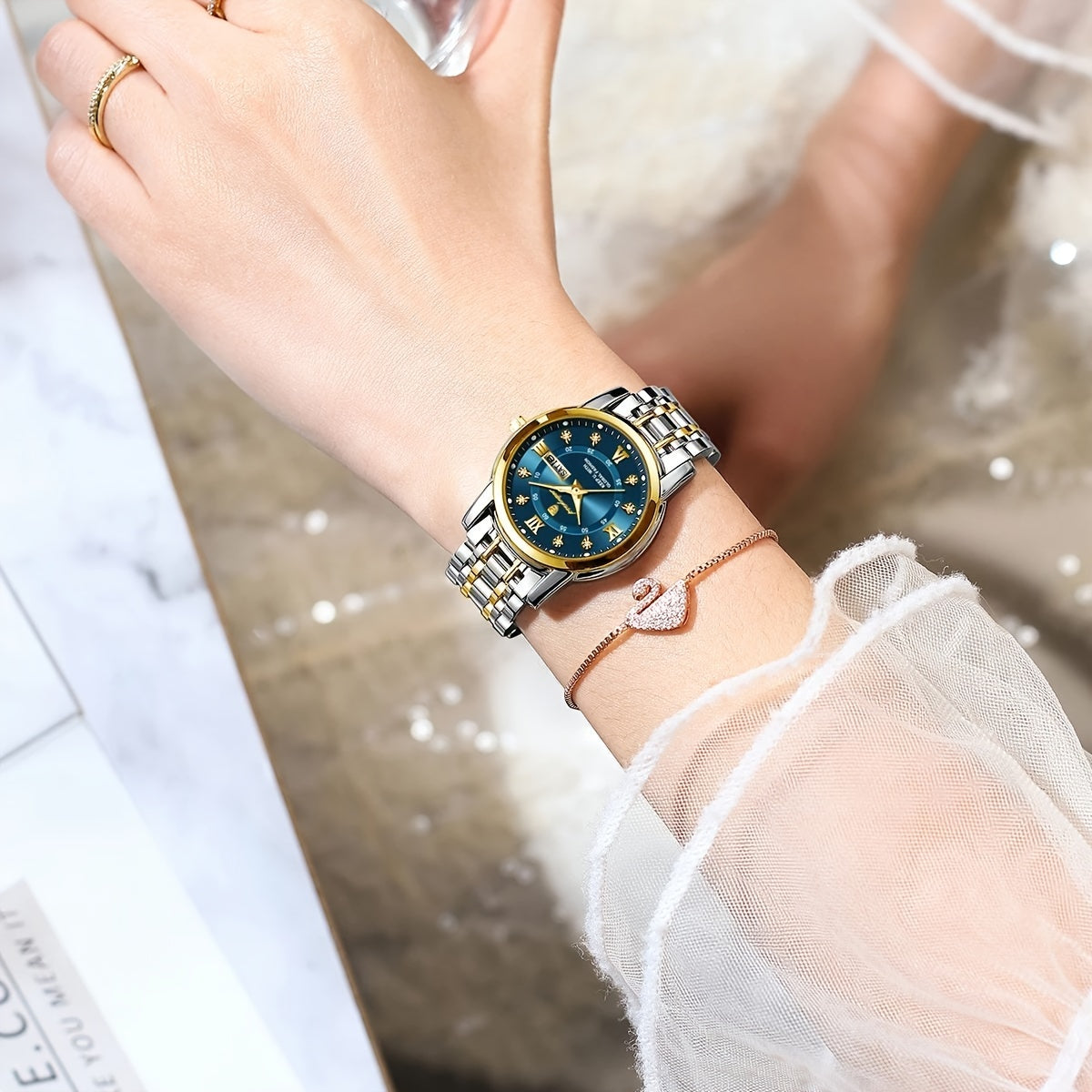 POEDAGAR Elegant Stainless Steel Quartz Watch for Women, Luminous Calendar, Round Alloy Case, Trendy Korean Style, Non-Rechargeable Battery, Watch Accessories
