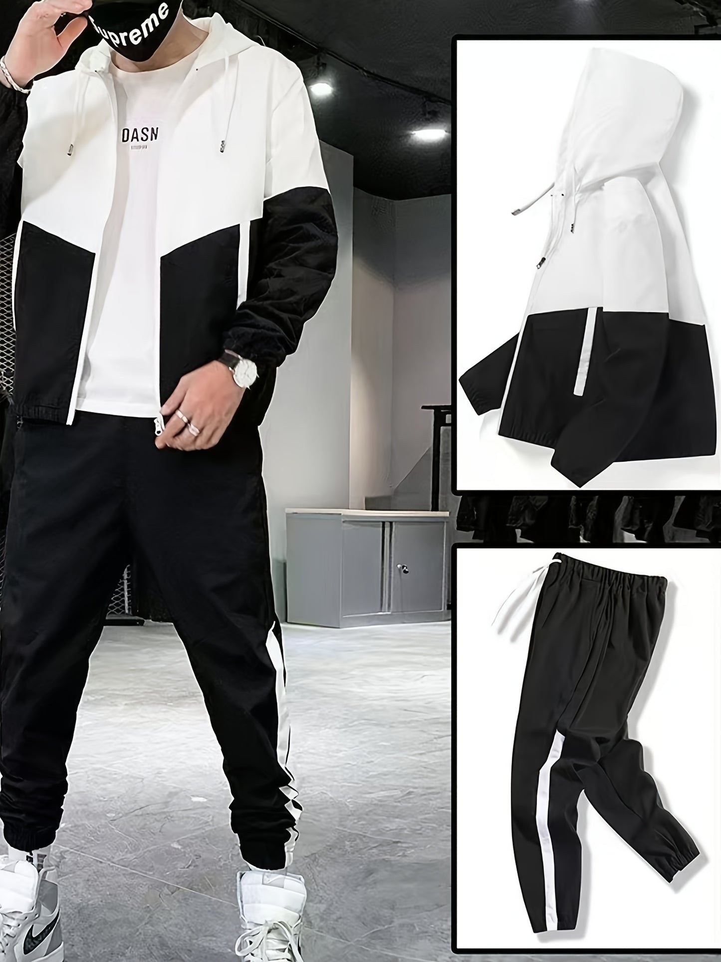 Men's Spring Autumn Outdoor Sports Training Casual Color Block Stitched Hoodie Adjustable Set Home Top and Pants Fashionable Windproof Jacket Pants Two-Piece Suit