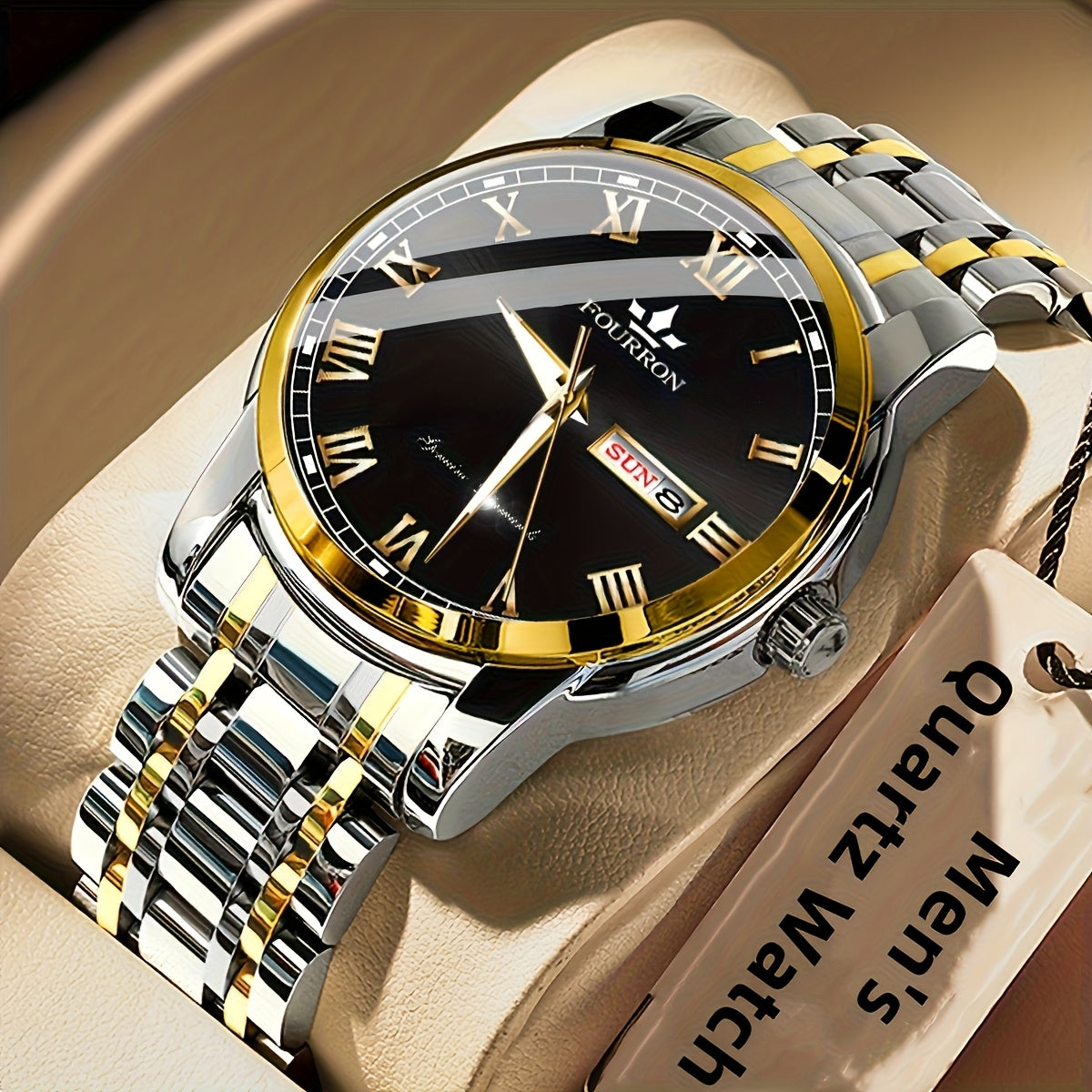 FOURRON Men'S Quartz Watch - Stainless Steel Band, Roman Numerals, Luminous, Waterproof, Ideal for Birthday & Holiday Gifts