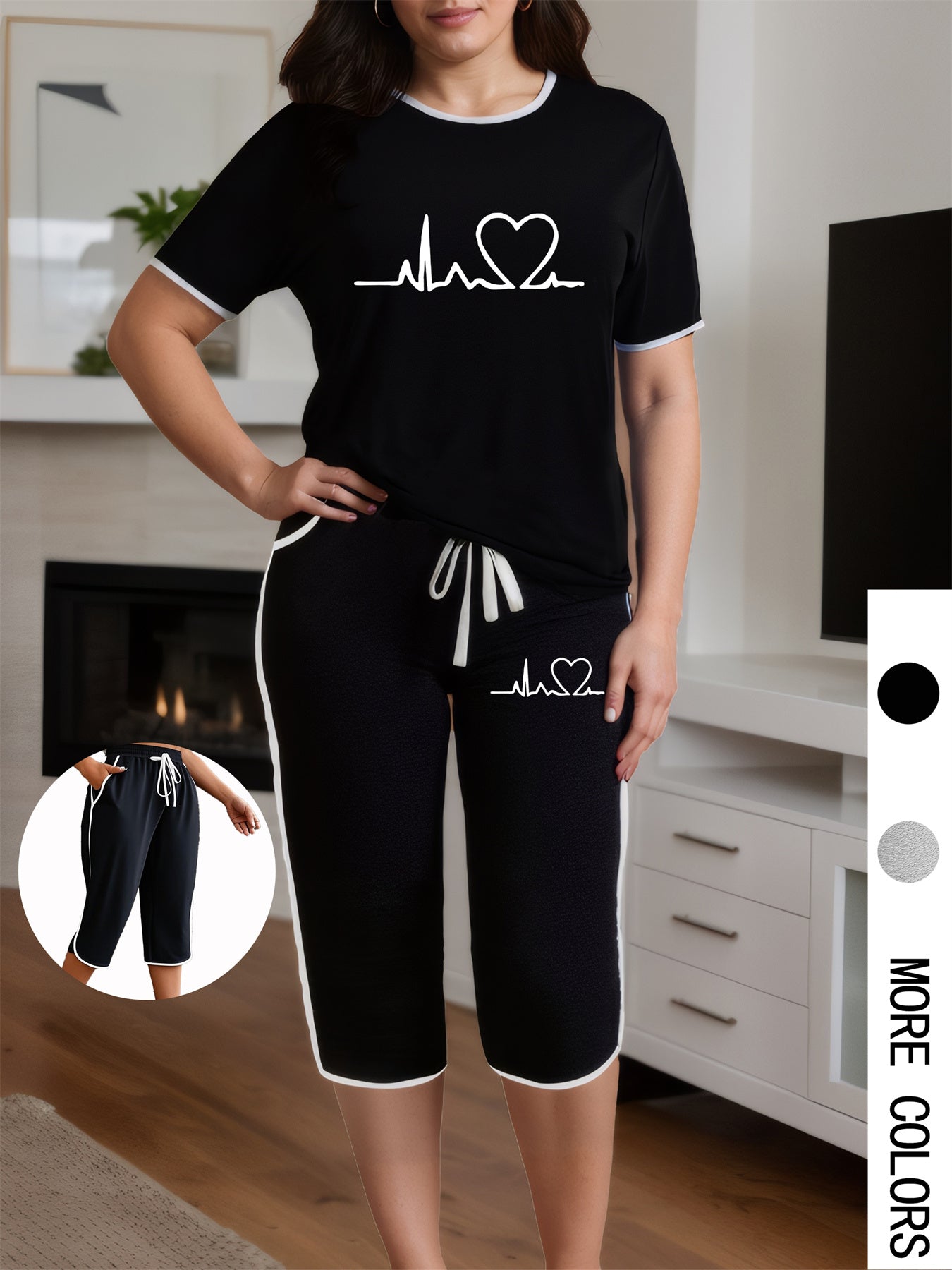 Plus Size - Summer Plus Size Women'S Two-Piece Set with Heart Print Short Sleeve Round Neck Top and Pleated Pockets Cropped Pants Casual Women'S Two-Piece Set