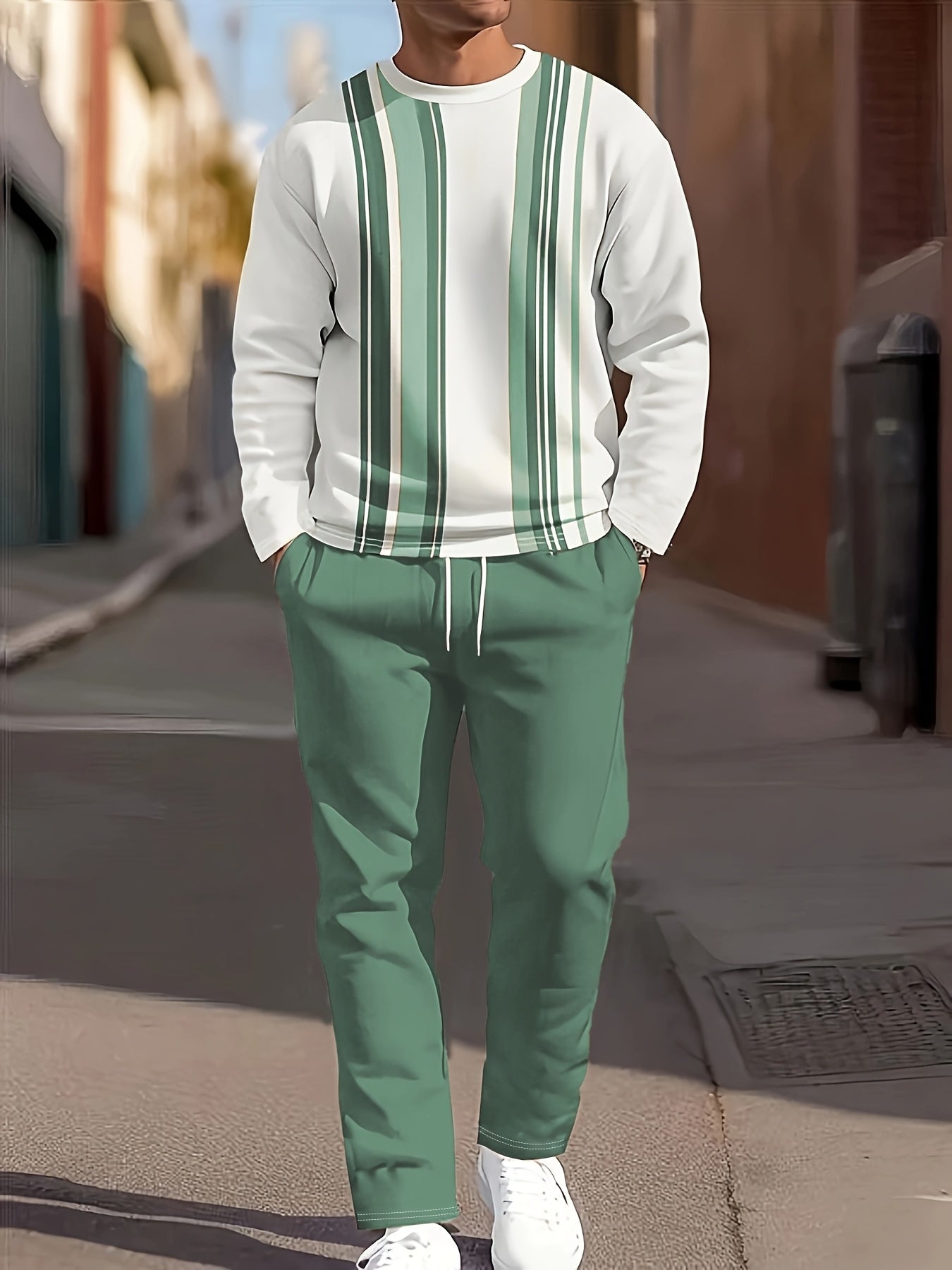 Men's Casual Fashion Round Neck Sweatshirt & Joggers Set - Polyester, Machine Washable, Printed Design for Spring/Fall