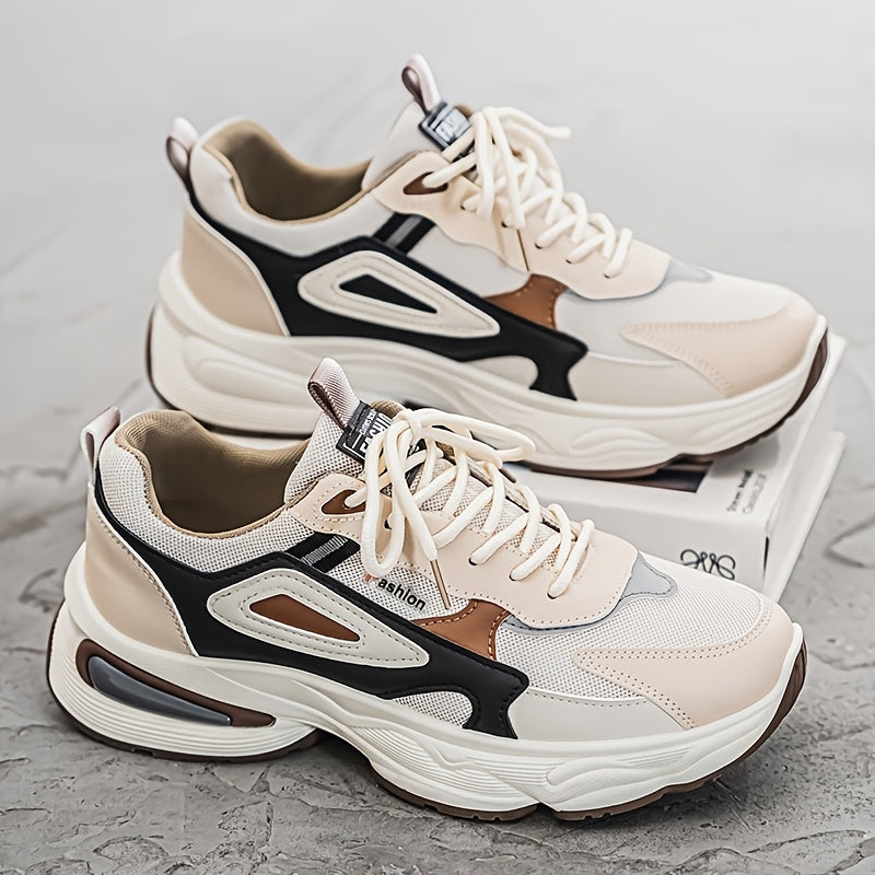 Men's Fashion Sneakers - White/Black/Brown PU Upper, Breathable Fabric Lining & Cushioned EVA Insole, Durable PVC Sole, Lace-Up Mid-Top Design for All-Season Casual & Daily Wear, High Top Sneakers, Versatile Footwear, Modern