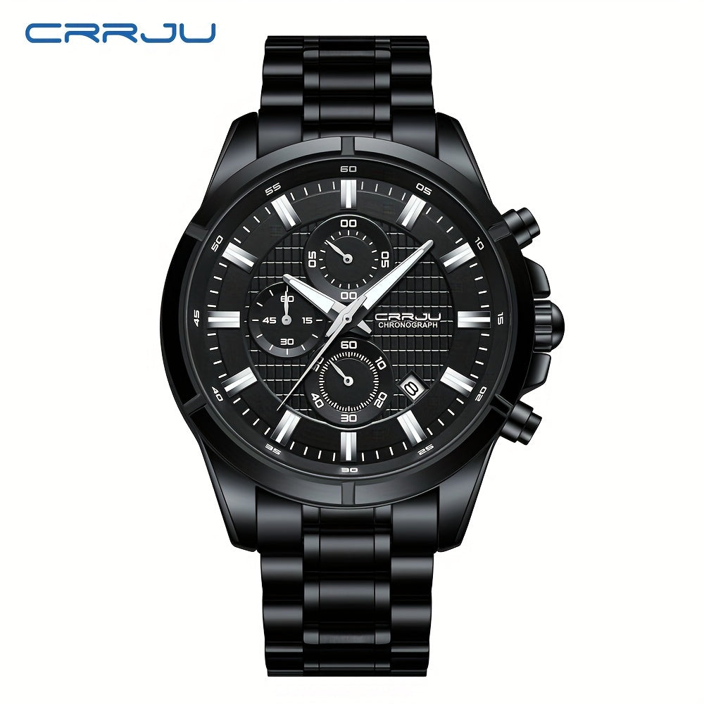CRRJU Fashion Men's Watch, Business Solid Stainless Steel Multifunctional Chronograph Watch