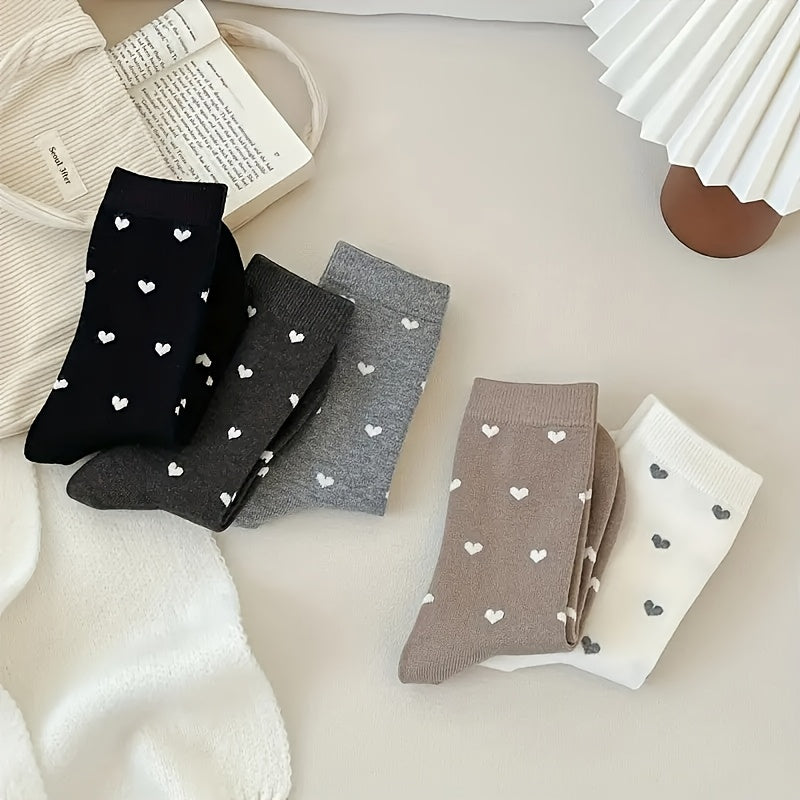 5 Pairs Women'S Heart Print Crew Socks, Polyester and Spandex Blend, Knit Fabric, Short Style, Casual Fashion, Non-Iron, Hand Wash - Black, White, Grey