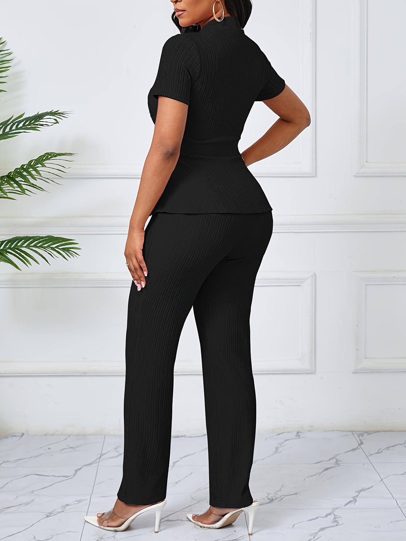 Women'S Elegant Casual Solid Color Textured Jumpsuit - Stylish Short Sleeve Top & Wide-Leg Pants, Perfect for All Seasons, Casual Attire|Textured Jumpsuit|Casual Style