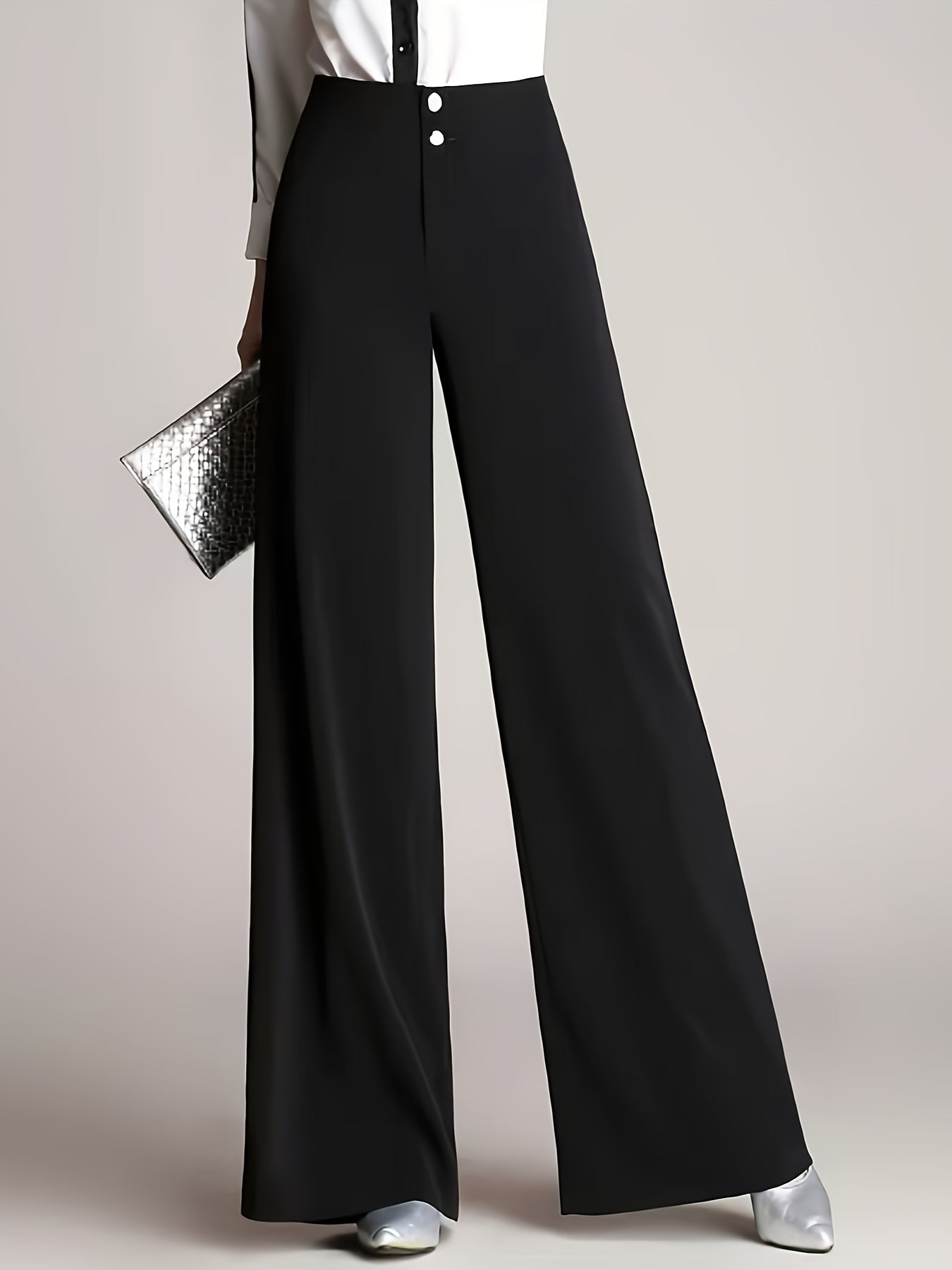 Women'S High-Waist Wide Leg Pants, Casual Solid Color Polyester Blend (94% Polyester, 6% Elastane), All-Season Straight Leg Trousers with Double Button Detail, Zipper Fly Closure, 200g/m² Woven Fabric, Perfect for Going Out