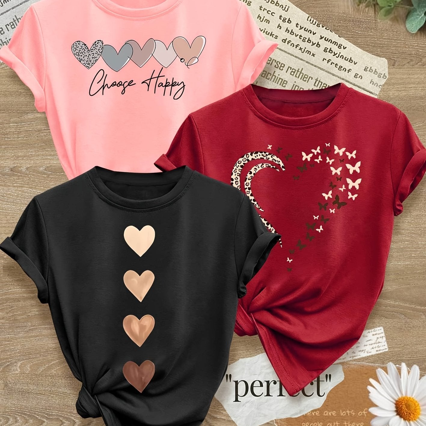 Leopard Print Small Butterfly Love Hearts in Pairs with English Letter Pattern Printed Fashion Retro Style Women's Spring, Autumn and Winter Casual Sports Top Round Neck Short Sleeve T-shirt 3pcs Combination Pack Family Pack