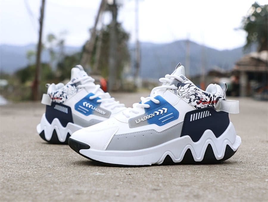 Men's High-Top Basketball Sneakers, Preppy Street Style, Solid Color with Cartoon & Stripes, All-Season Lace-Up Sports Shoes, Faux Upper, Fabric Inner, Rubber Sole, for Running, Hiking & Casual Wear, Outdoor Activities Shoes