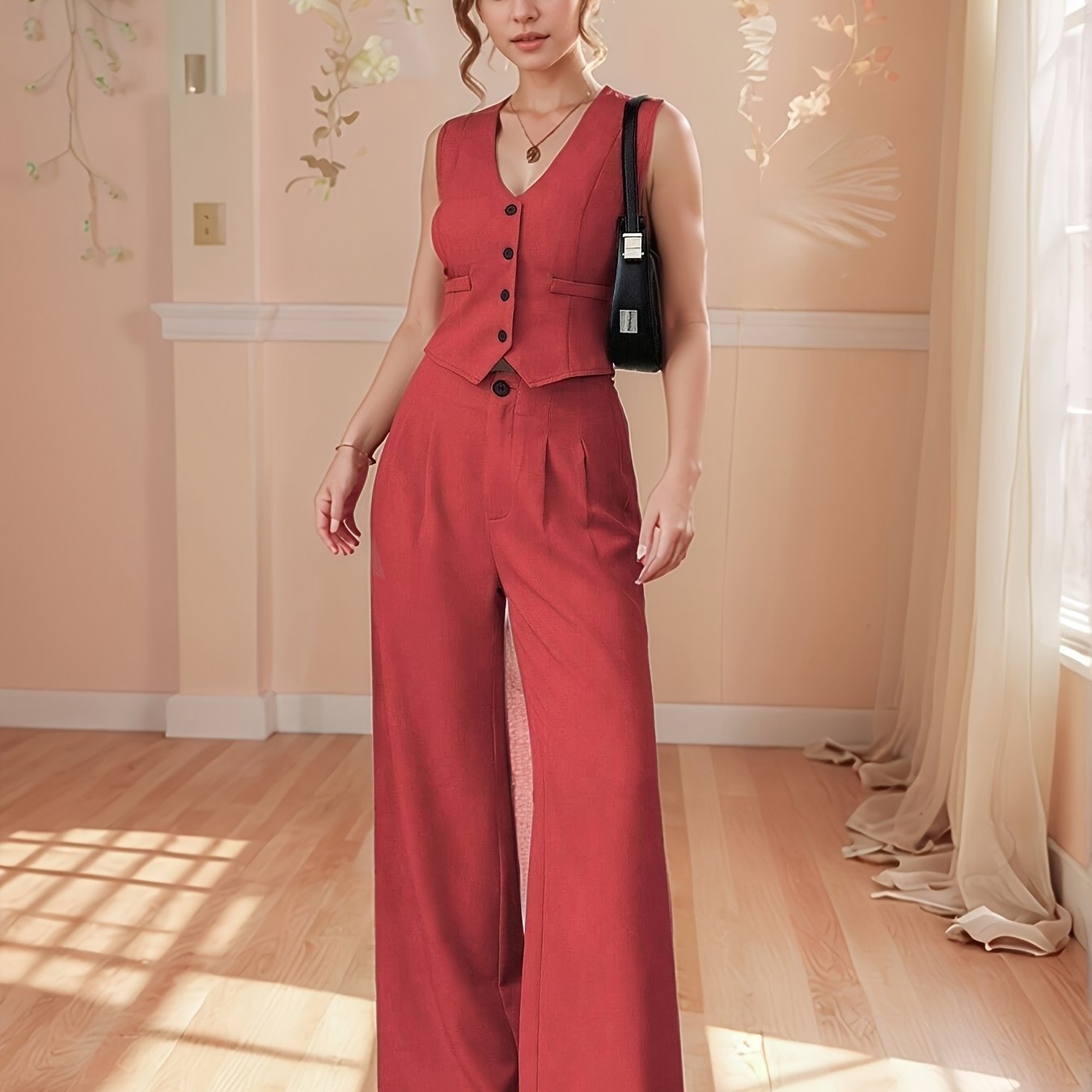 Design-Savvy Red Mini-Chic Sleeveless Suit Vest and Wide-Leg Pants Two-Piece Set
