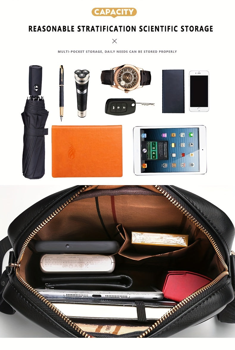 DOSHENG Men's Stylish Black Synthetic Leather Crossbody Bag - Adjustable Strap, Multi-Compartment Business Casual Satchel with Embossed Dinosaur Logo for Office Use, Versatile Crossbody Bag | Stylish Men's Accessory | Metalli