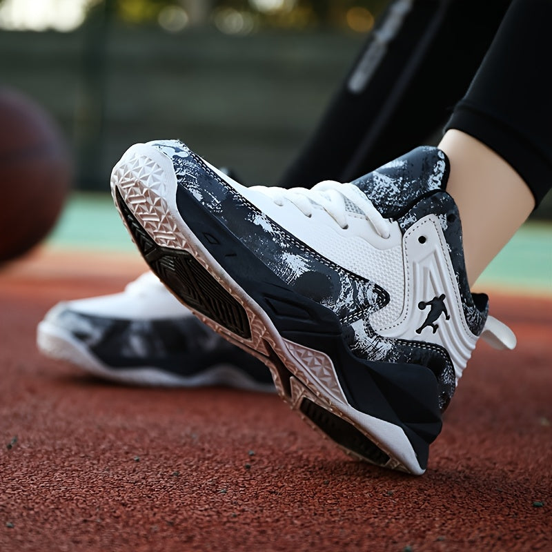 Youth Mid-Top PU Sports Sneakers - Comfortable, Lace-Up Basketball Shoes with Red & Black Design, TPR Sole for Outdoor Training, Running & Casual Wear, Basketball Shoes