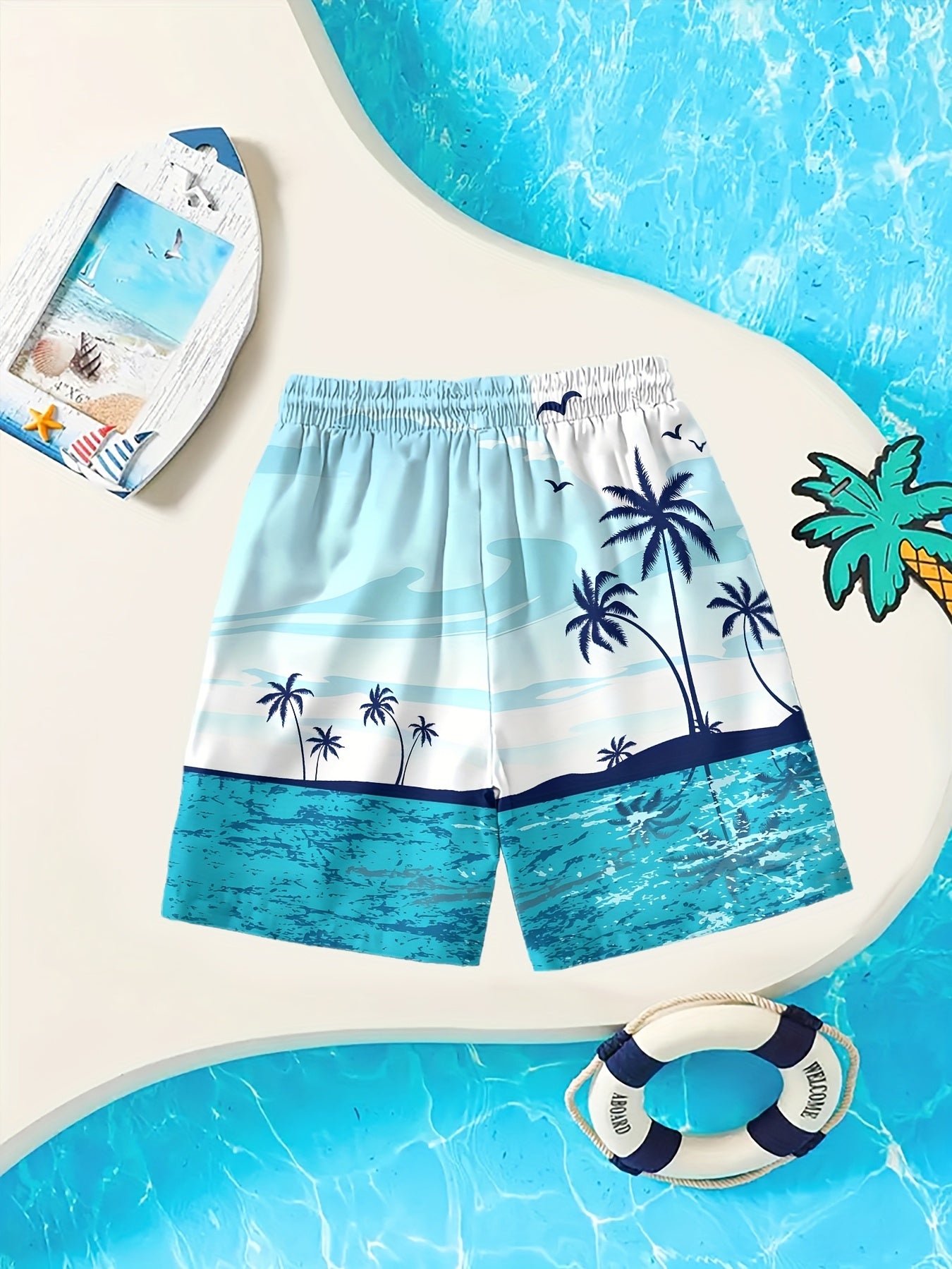 Boys' Tropical Beach Print Swim Shorts - Quick-Dry, Breathable Polyester with Elastic Waistband & Drawstring, Light Blue Palm Tree Design for Summer Fun & Surfing, Beach Shorts, Quickdry Fabric, for Outdoor