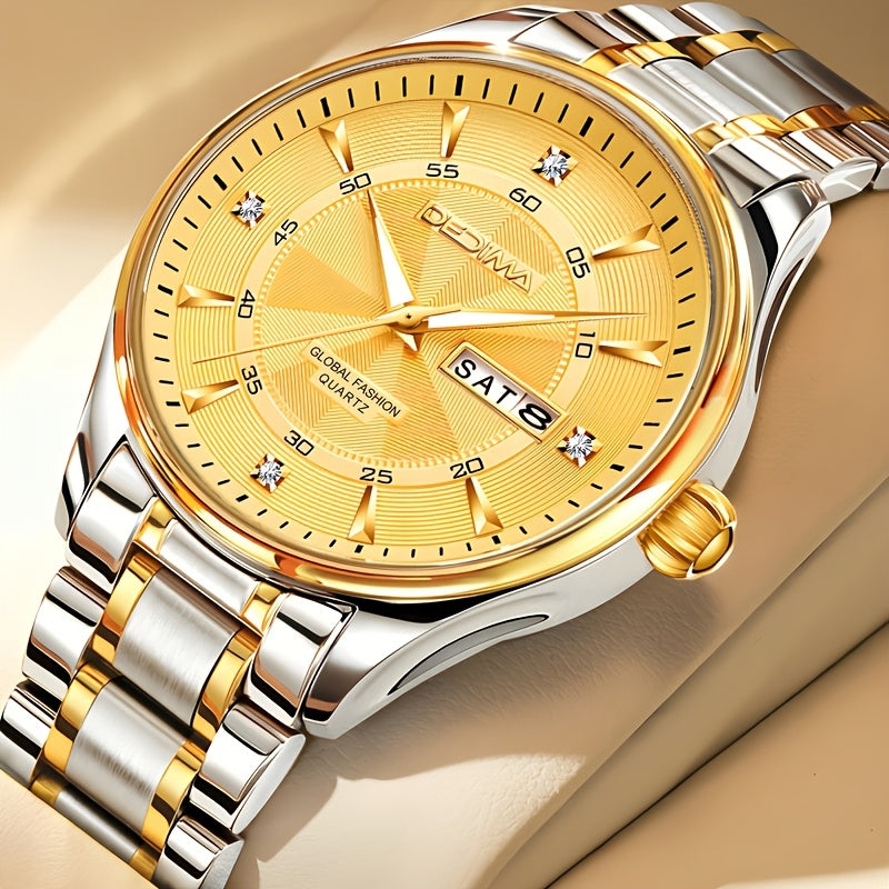 Stainless Steel Men's Quartz Watch with Luminous Hands, Dual Calendar, Date Display & High Quality IPX7 - Golden-Tone Dial, Accents for Business, Casual, Travel - Ideal Birthday Holiday Gift, Business Casual Watch | Sleek Met