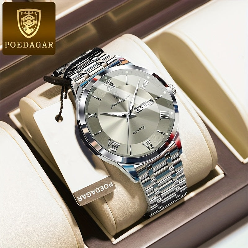POEDAGAR Men'S Quartz Watch, Sports Style, Waterproof 3ATM, Luminous Calendar, Stainless Steel Strap, Pointer Display, Alloy Case, Electronic Drive, Non-Rechargeable Button Battery, with Spring Festival and Football Holiday T