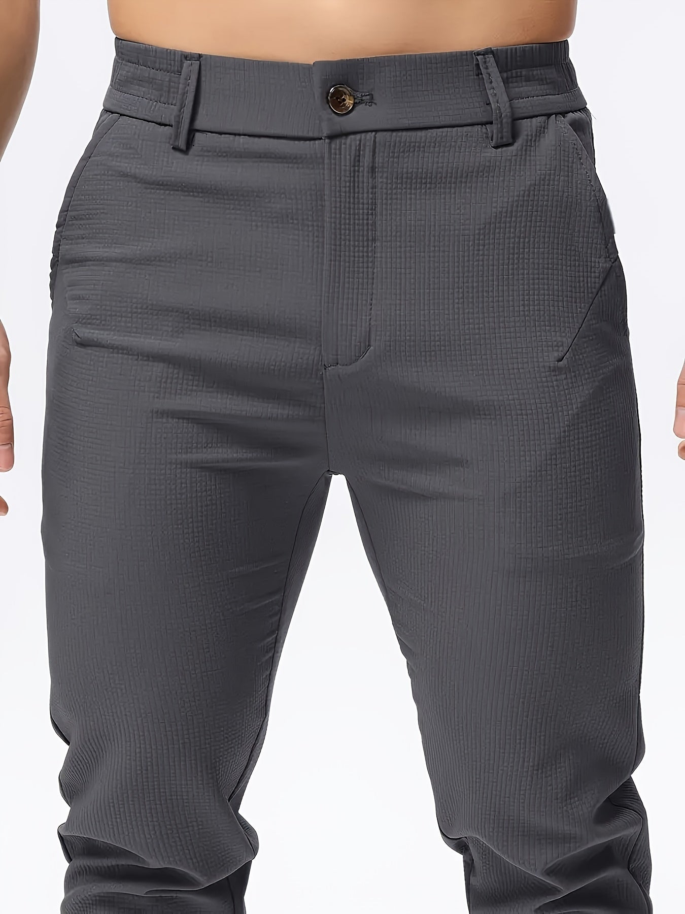 Men's Casual Solid Color Pants - Polyester, Machine Washable, Button Detail, Regular Fit for All Seasons
