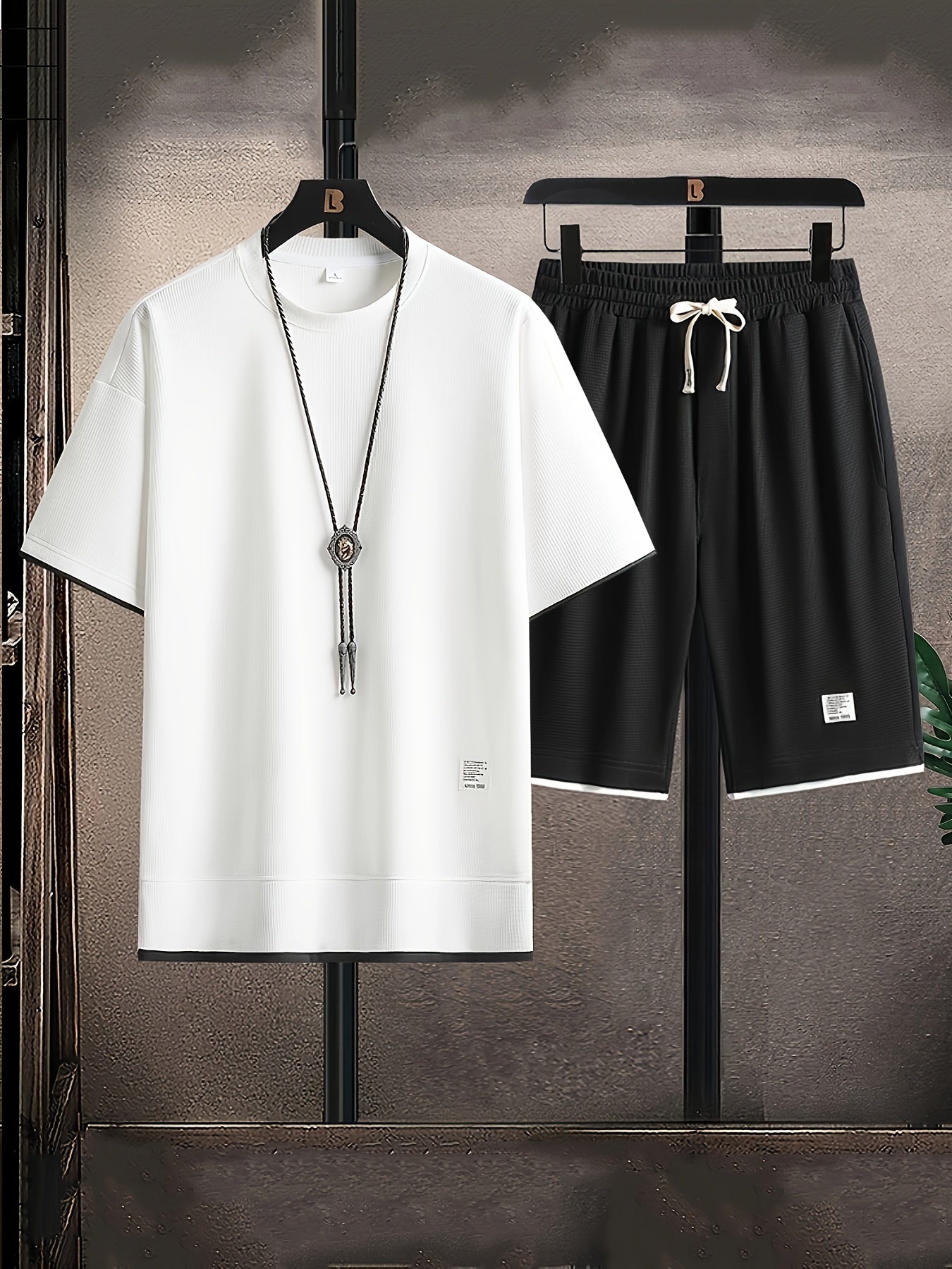 Waffle Grid Men's Trendy Round Neck T-shirt Breathable Casual Sports Suit Loose Two-Piece Set