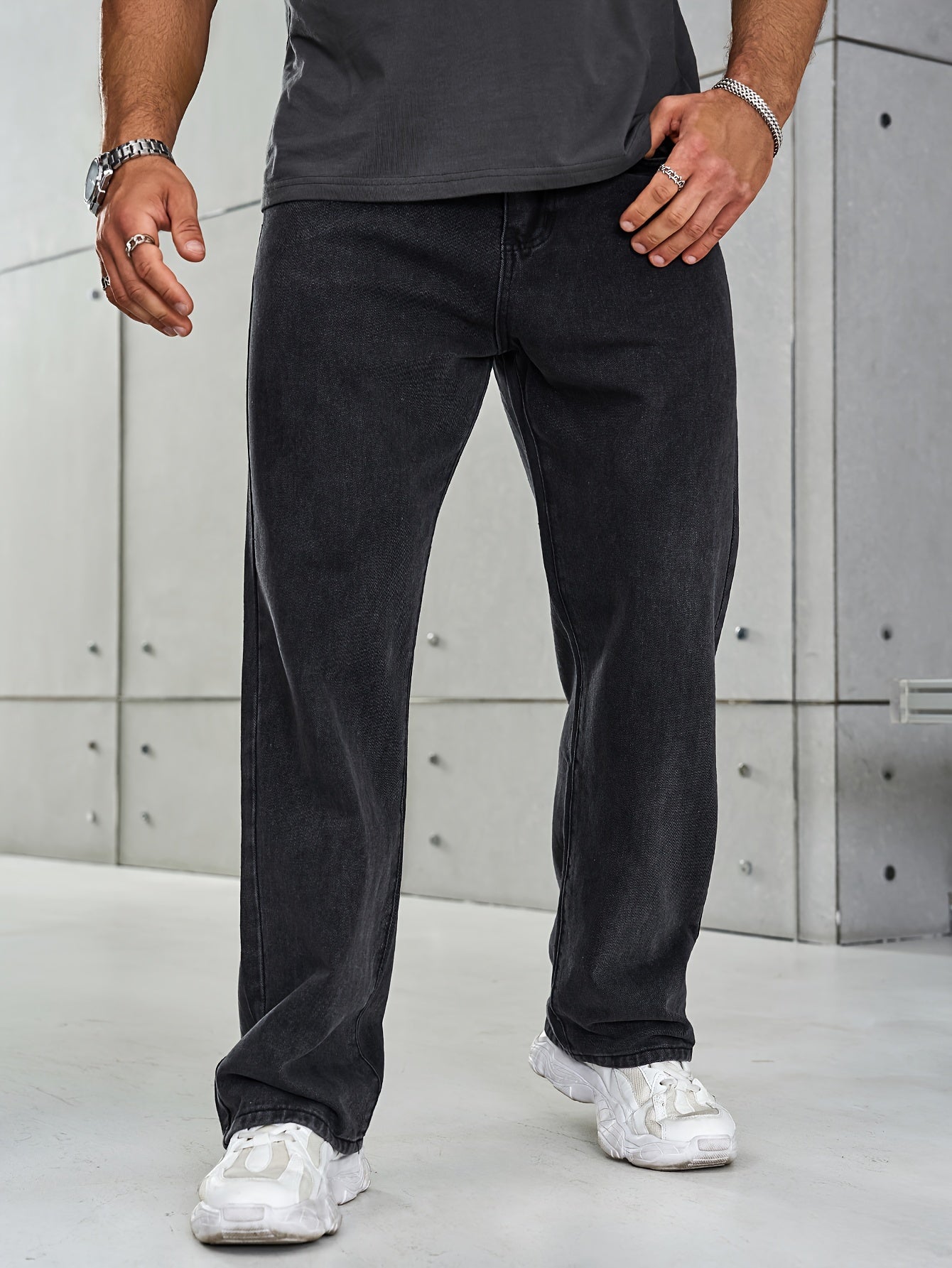 Men's Loose Fit Wide Leg Jeans, Street Style Stretch Casual Pants
