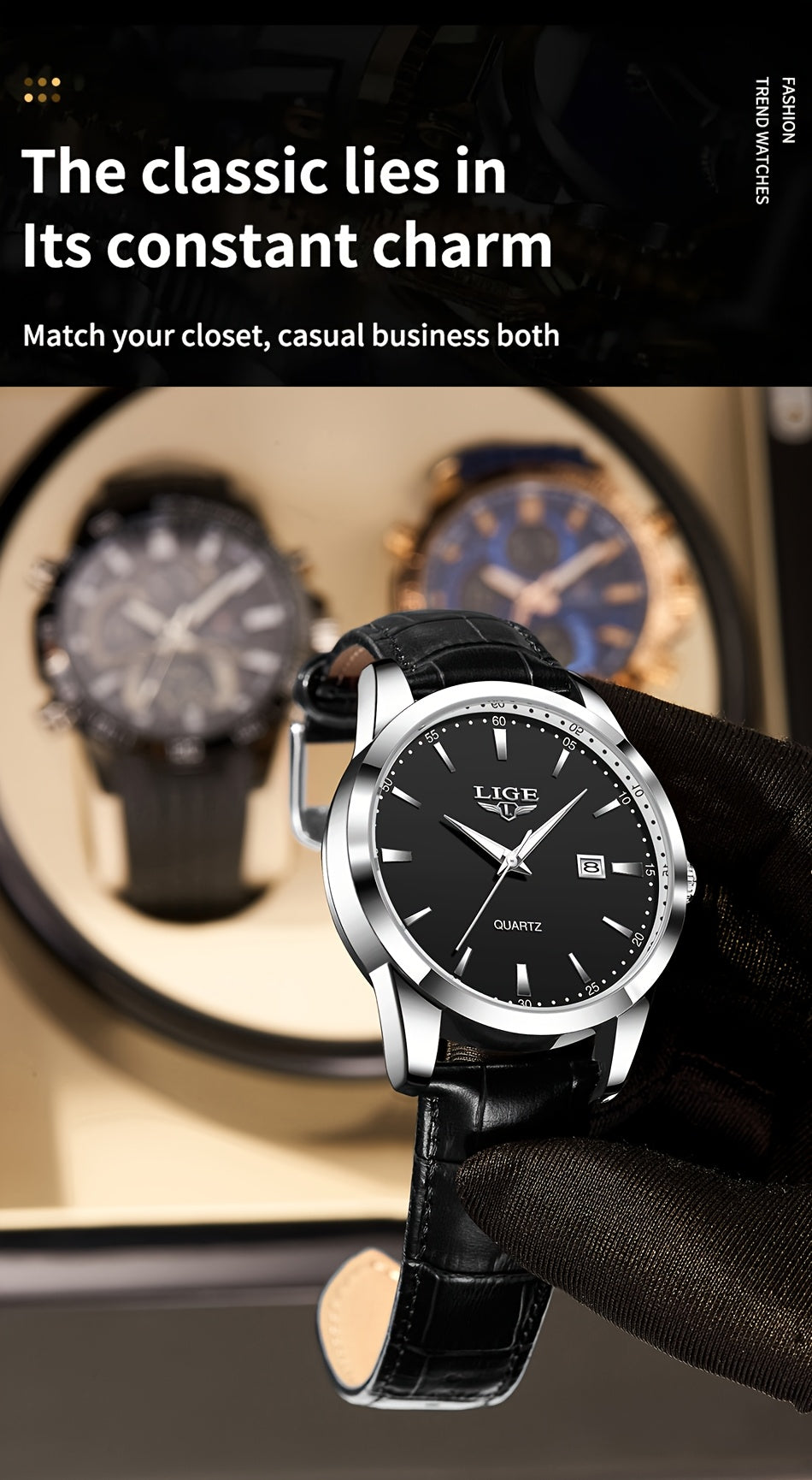 A Stylish Timepiece By LIGE Featuring A Blend Of Business And Casual Design, With A Faux Leather Strap, Alloy Case, And A Non-rechargeable Battery.