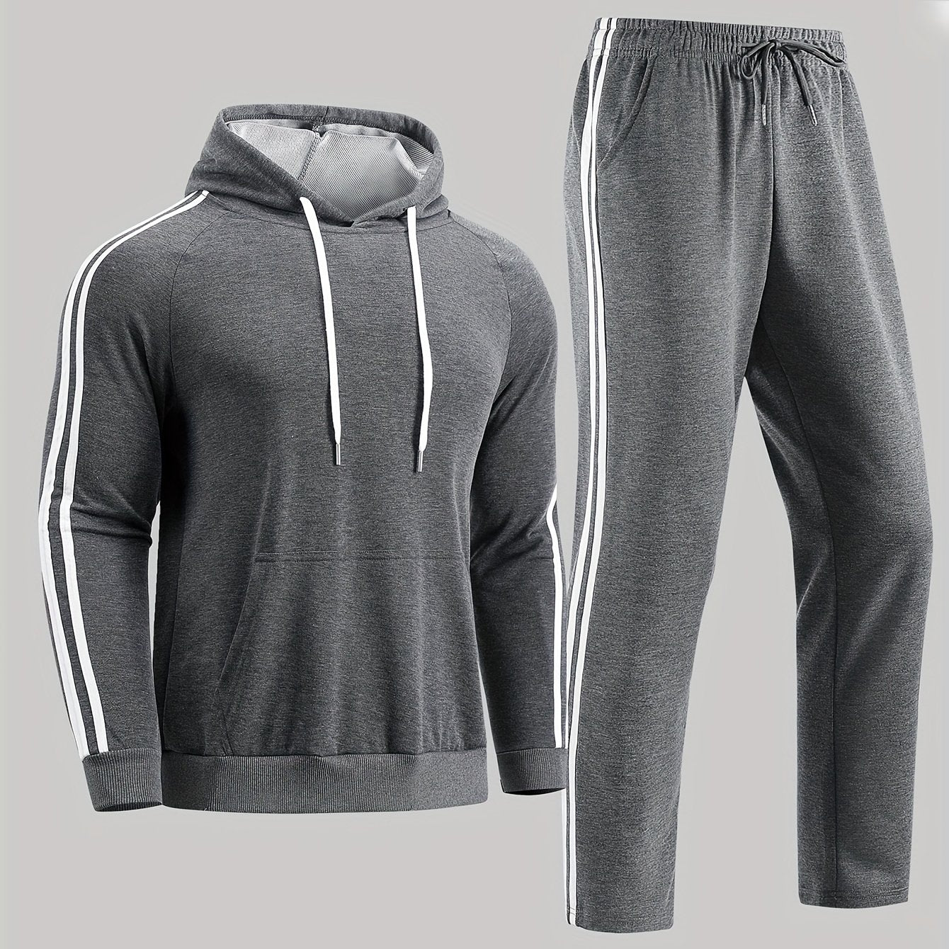 A Set of Two Men'S Casual Sports Outfits, Featuring a Striped Design with Moderately Soft Fabric, Suitable for Outdoor Running And Fitness Activities in All Seasons.