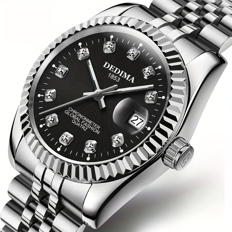 DEDIMA Elegant Stainless Steel Band Calendar Watch, Quartz Movement, Round Dial with Rhinestones, Battery-Powered, Non-Rechargeable Button Battery, Regular Cleaning, for Men, Women, Students, Christmas, Valentine'S Day, Thank