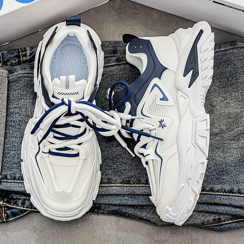 Men'S Breathable Mesh Sneakers with Thick Cushioned Sole - Lightweight Low-Top Lace-Up Shoes for Running, Hiking & Casual Wear, Navy Blue & White Design, All-Season Comfort, Sneakers, Hiking Footwear, Stylish Laceup Shoes, Du