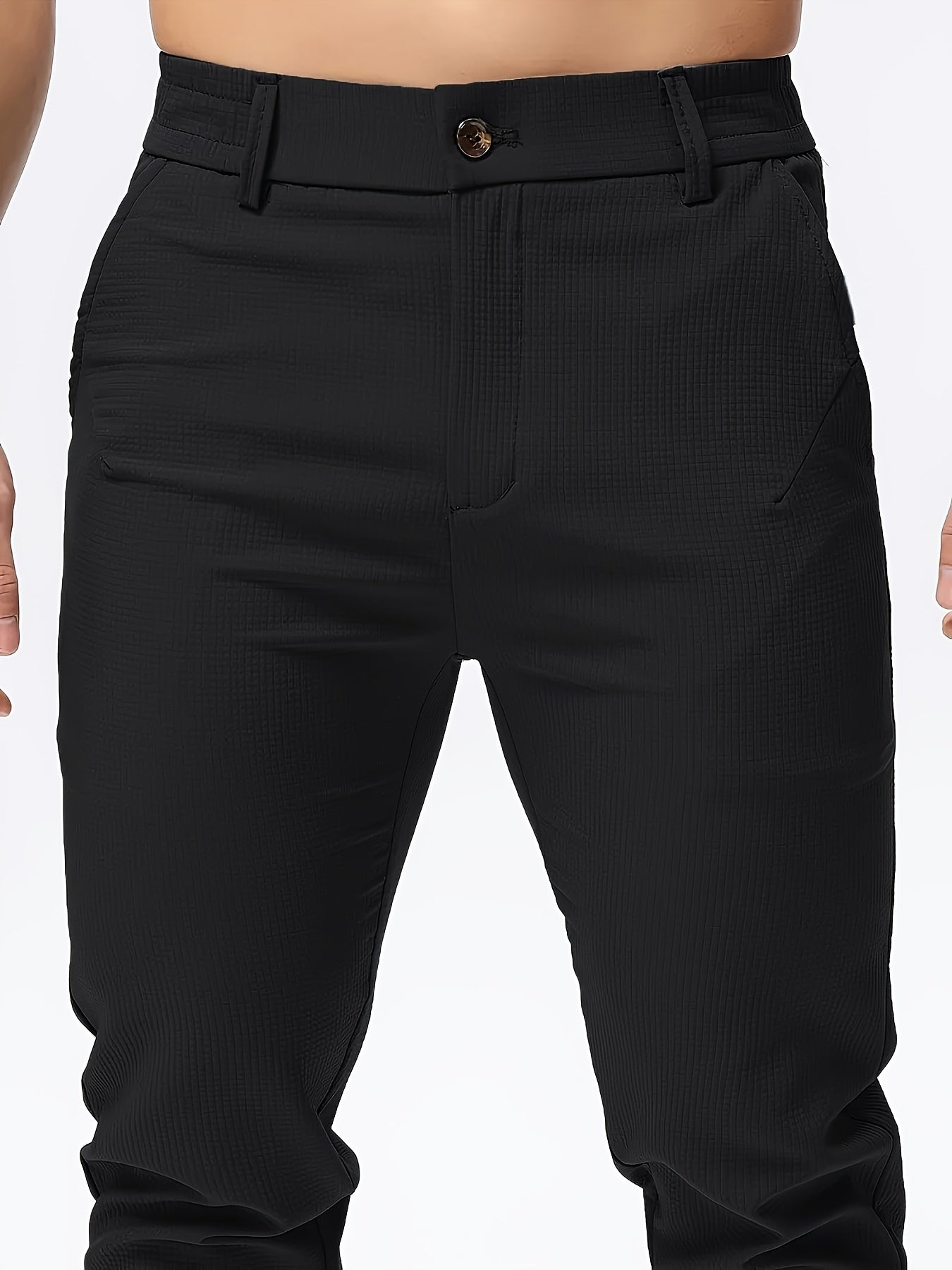 Men's Casual Solid Color Pants - Polyester, Machine Washable, Button Detail, Regular Fit for All Seasons