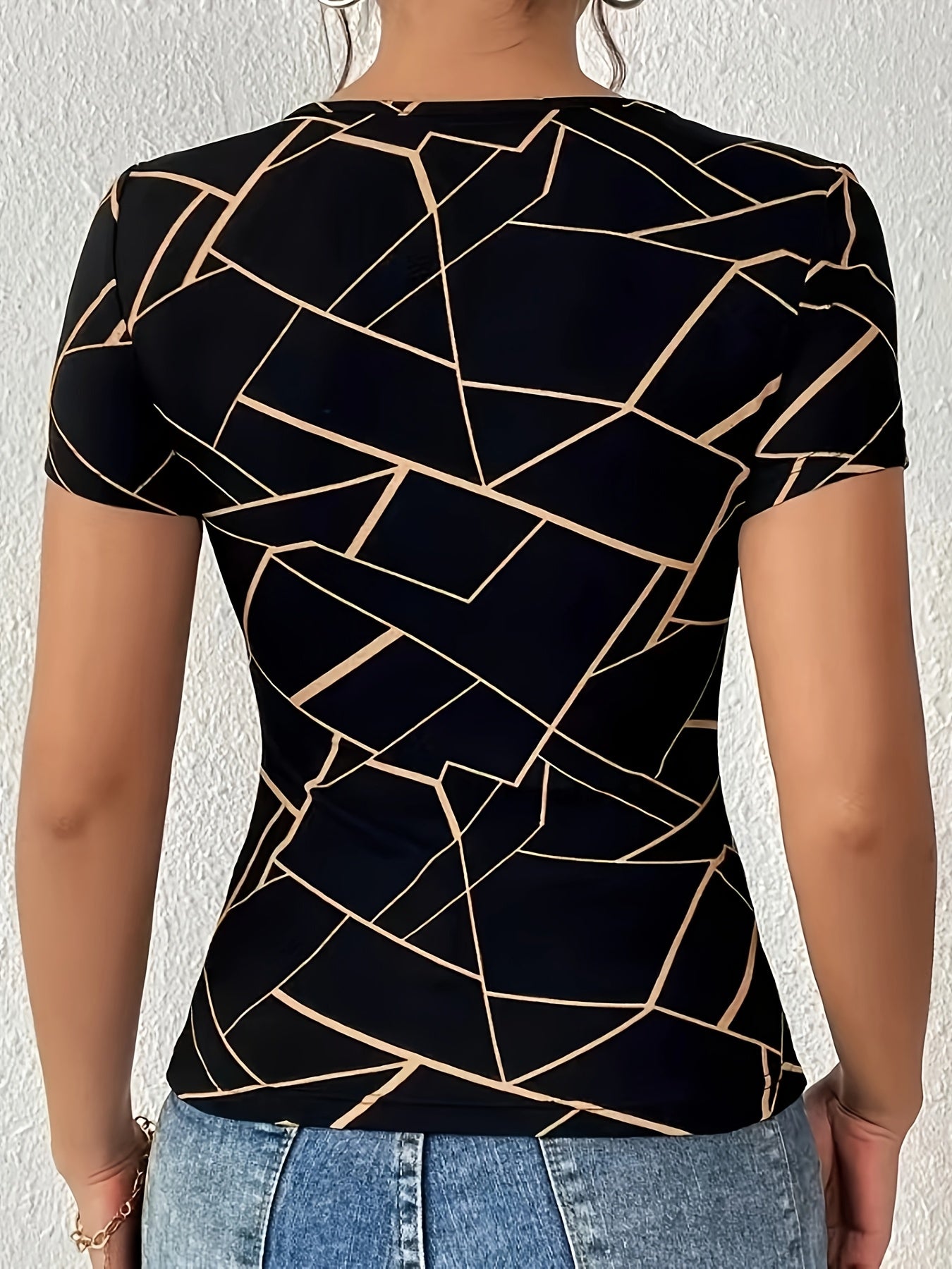 Women's Casual Geometric Diamond Pattern Off-Shoulder T-Shirt - Black & Golden Contrast, Lightweight Breathable Fabric, Machine Washable Spring Summer Tops, Ladies T-shirts, Trendy Outfit, Elegant Neckline, Contrast Detailing
