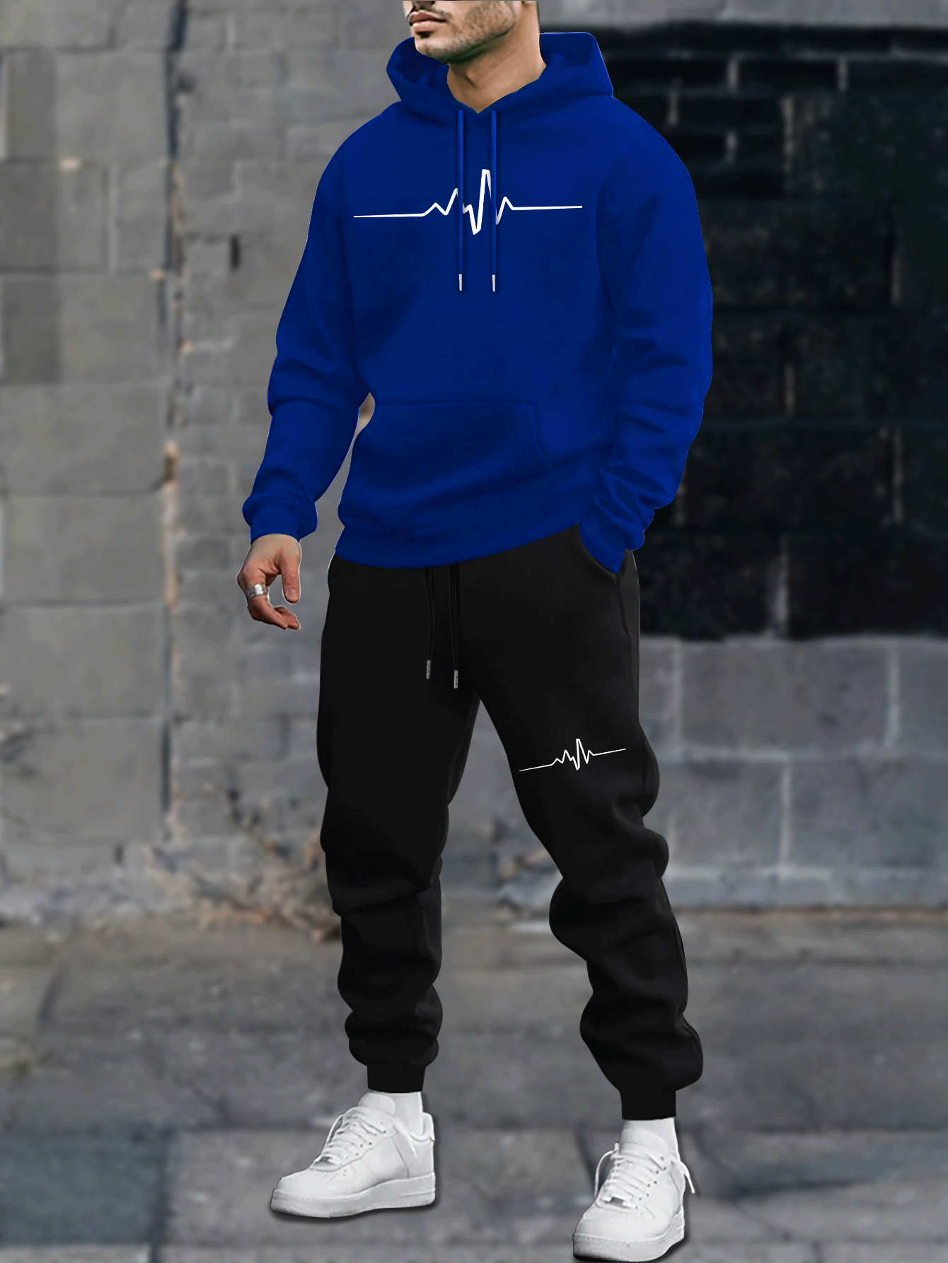 1set Men'S Casual Geometric Heartbeat Pattern Hoodie and Sweatpants Set, Polyester and Spandex Blend, Loose Fit, Hooded Pullover for Autumn/Winter