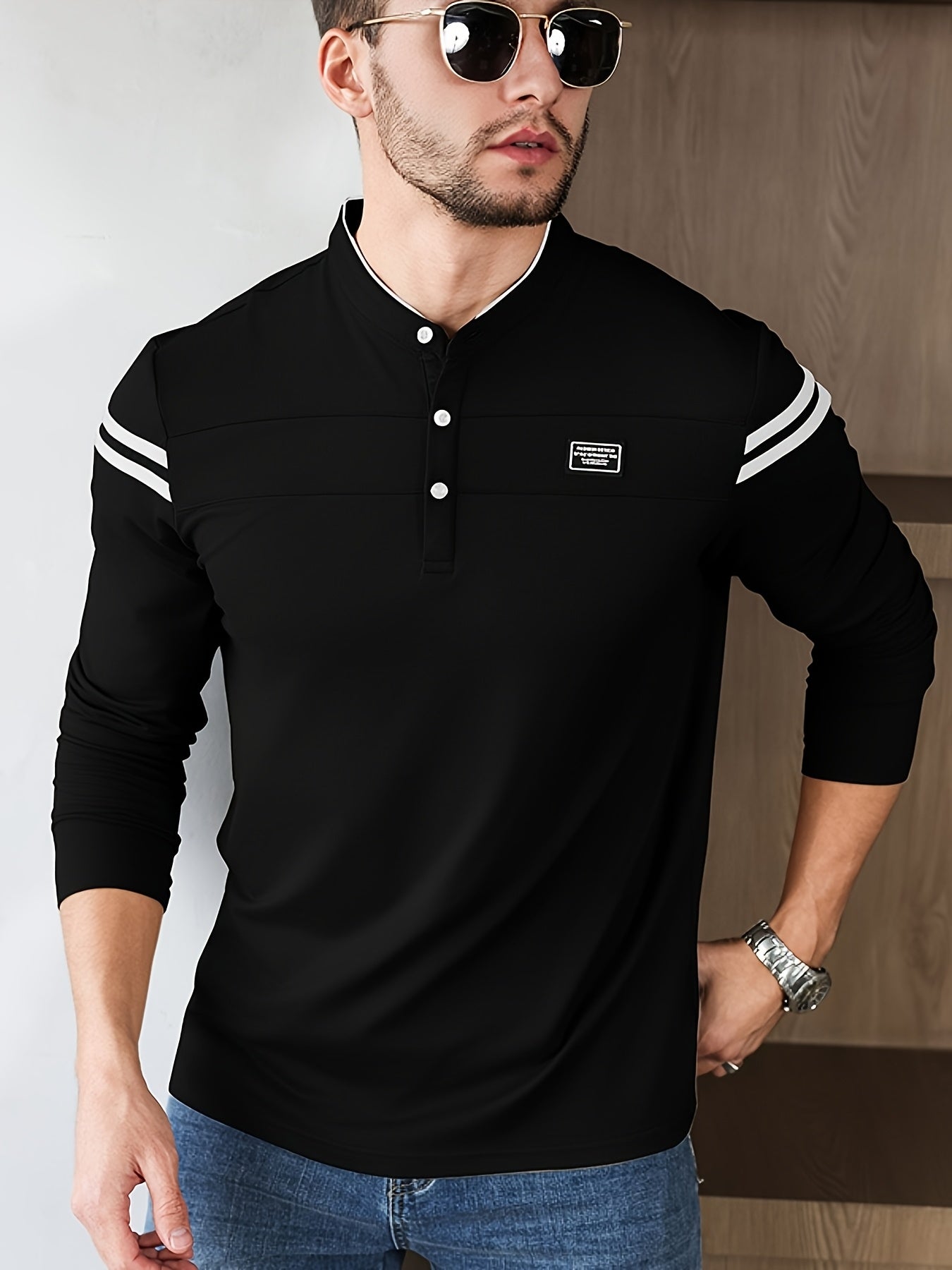 Men'S Casual Long Sleeve T-Shirt - Solid Color with Stand Collar & Stripe Polo, Button-Up Front, Ideal for Outdoor Activities