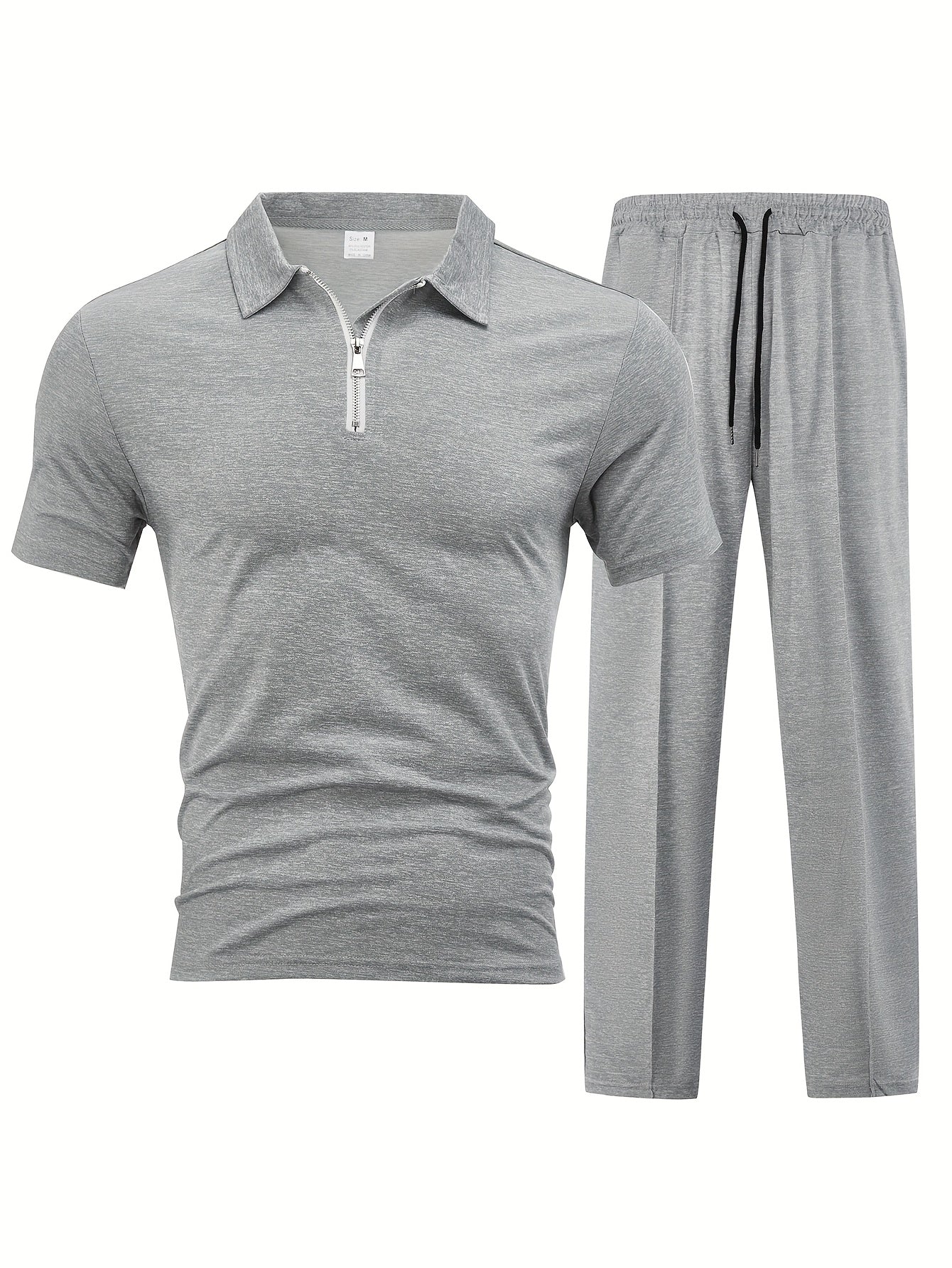 Men'S Casual 2pcs Set Knitted: Zipper Short Sleeve Shirt and Drawstring Pants - Black, Polyester, Suitable for Spring/Summer Casual Wea