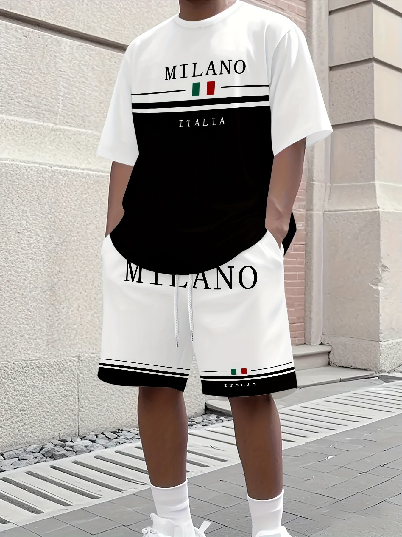 Men'S Casual "Milano Italia" Graphic Tee & Shorts Set - Black & White, Breathable Summer Outfit with Drawstring Waist, Comfortable for Casual Attire, Casual Attire|Italianinspired Design|Stretchy Fabric