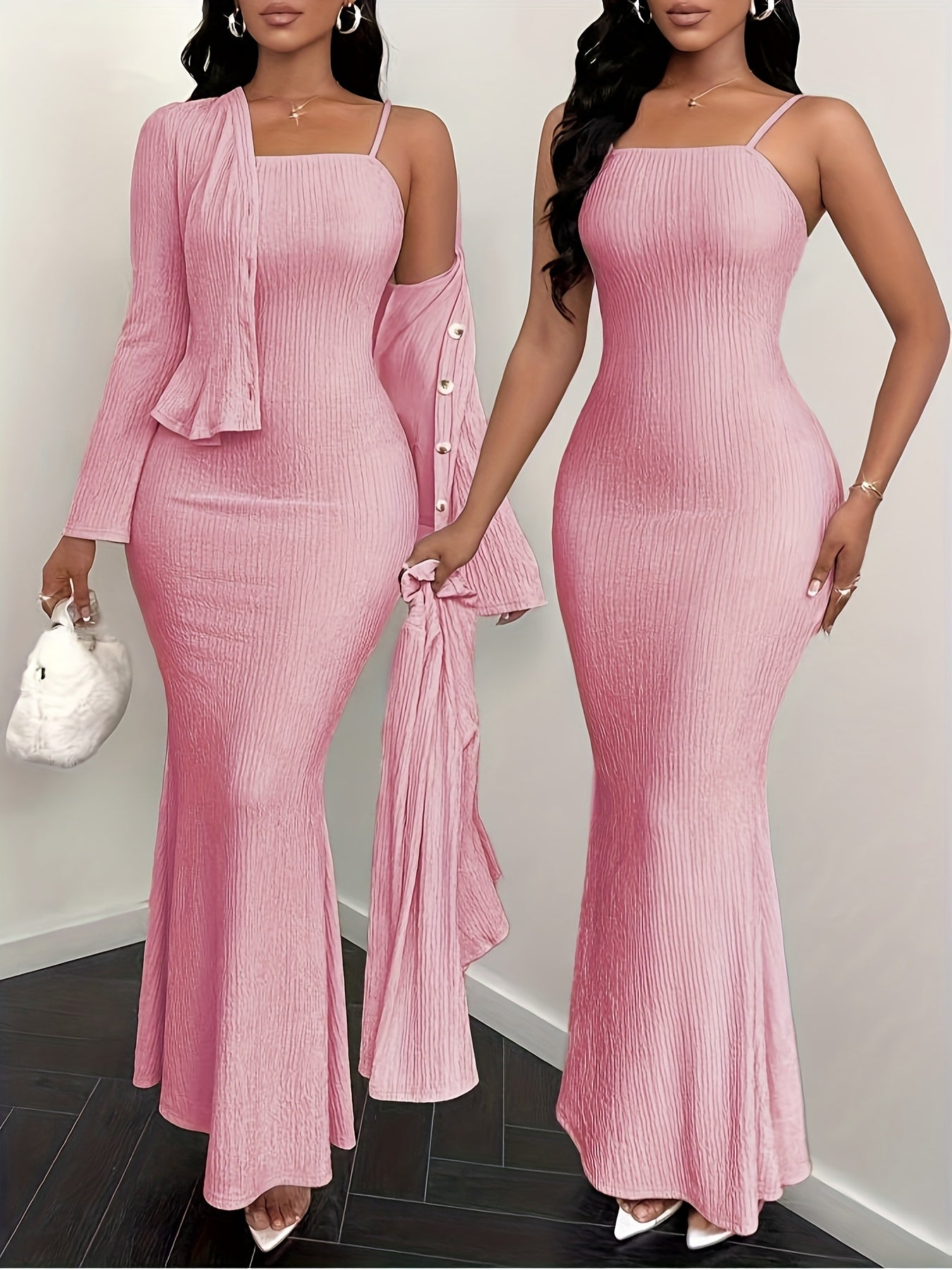 An elegant and stylish solid-color dress with a cardigan set, suitable for spring, summer, autumn, and winter seasons