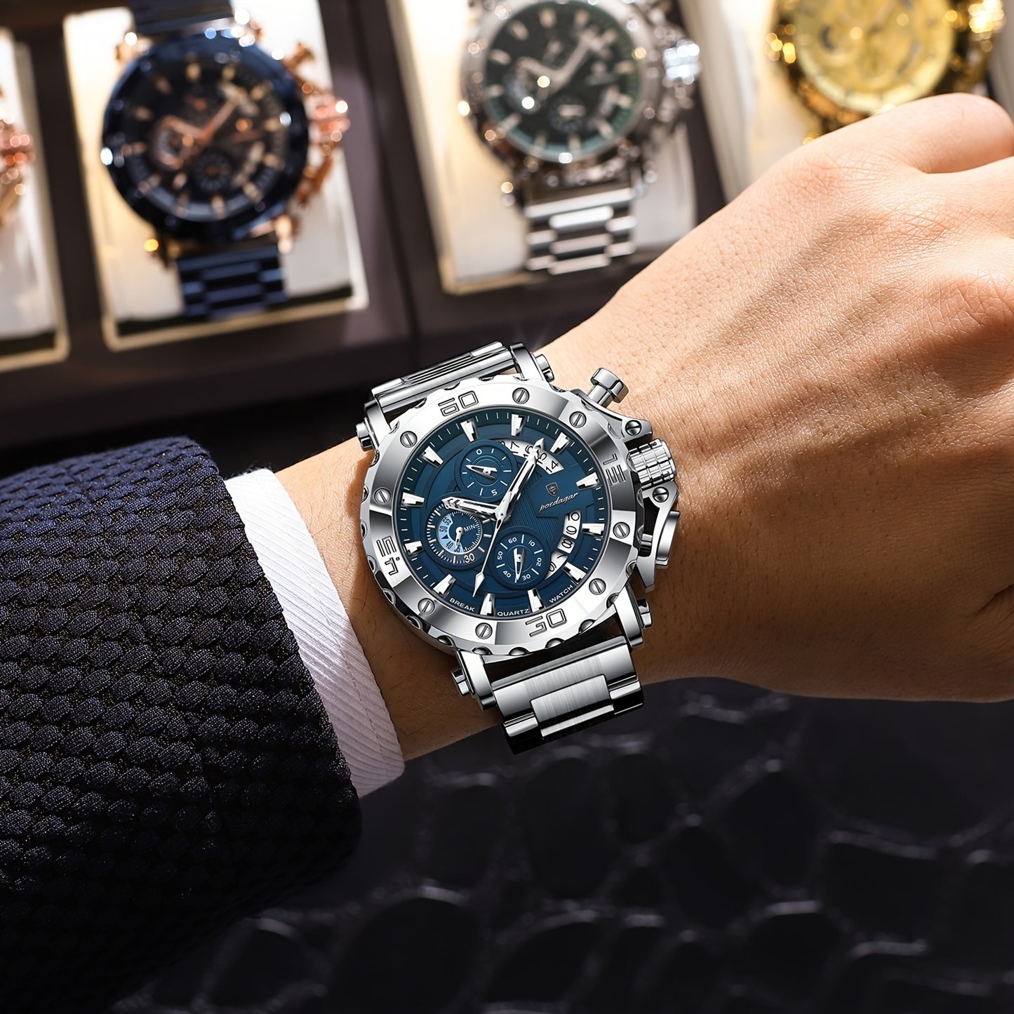 POEDAGAR Men'S Luxury Stainless Steel Business Watch with Date Display, 3ATM Blue Dial, Rotating Bezel, Alloy Case, Quartz Movement - Elegant Formal Accessory, Formal Accessory|Luxurious Watch|Quartz Movement Watch