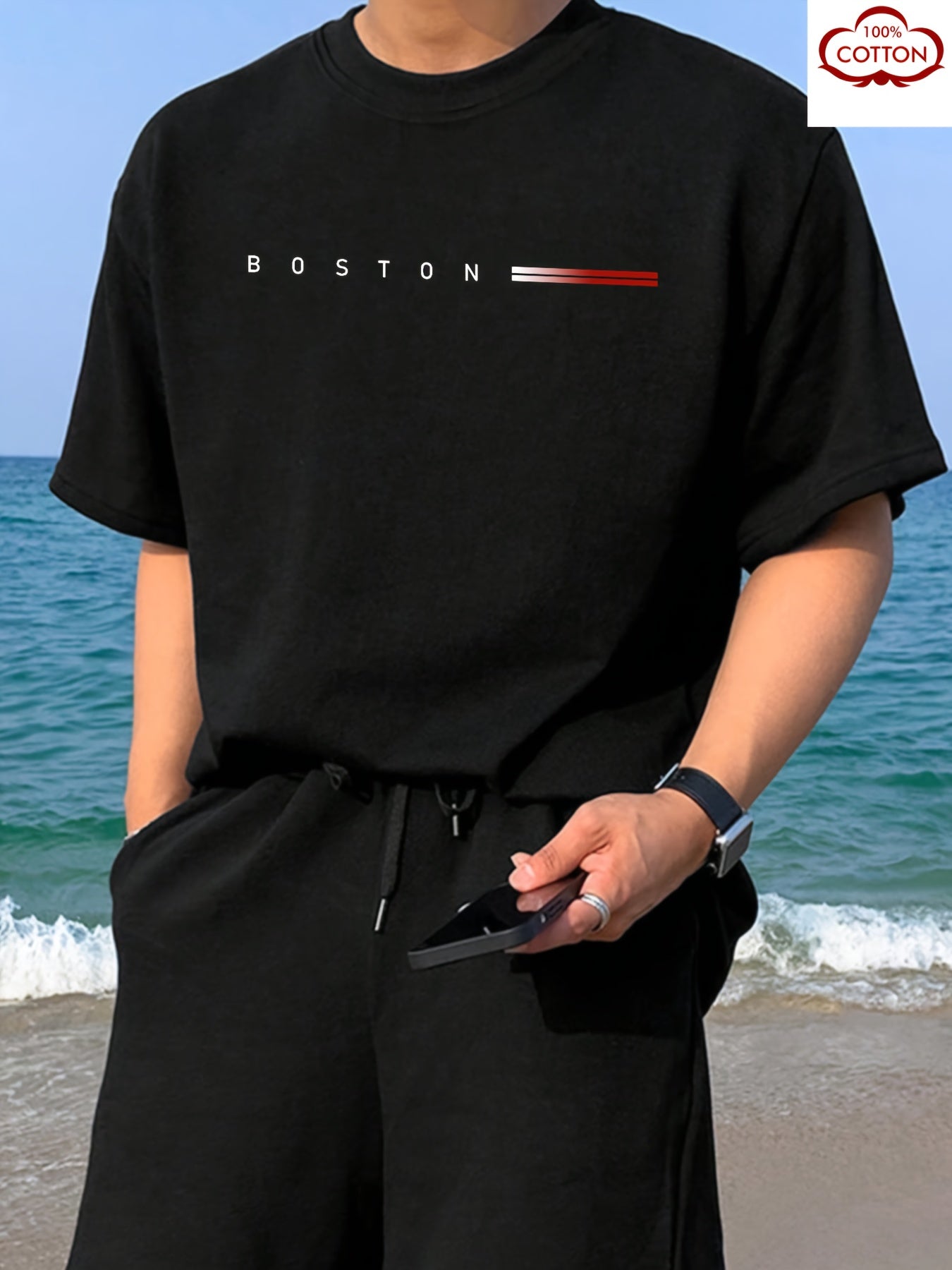 Men's Heavyweight 180gsm Cotton T-Shirt - Dark Gray Crew Neck Tee with Bold "Boston" Print, All-Season Everyday & Formal Shirt for Men - Machine Washable Luxury Casual Top, Versatile Clothing, Modern Design, Premium Fabric, S