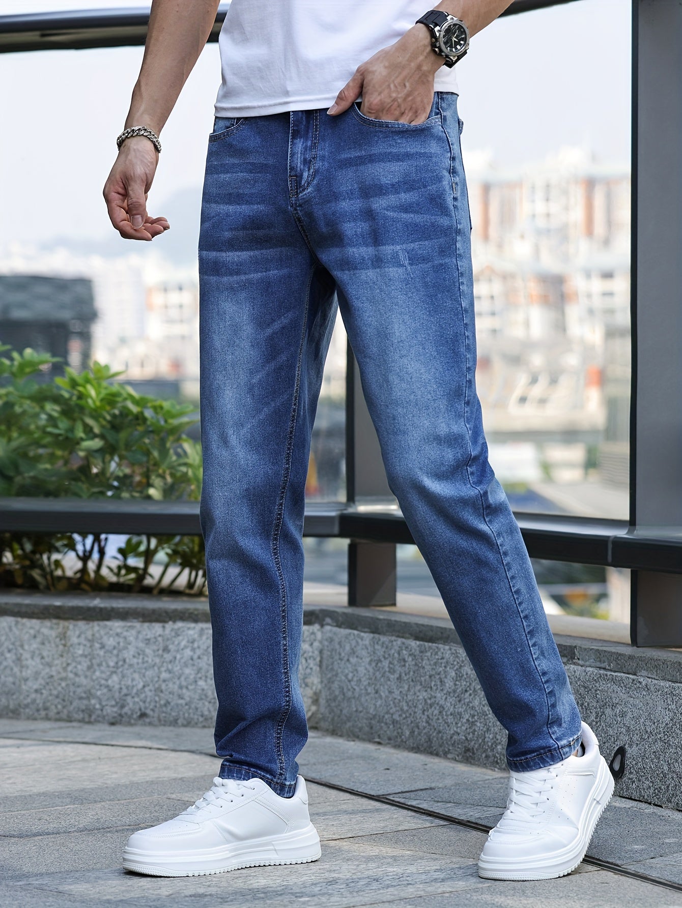 Men's Solid Skinny Cotton Blend Denim Jeans, All Seasons Wearable Medium Stretch Washed Jeans, Suitable For Daily And Outing Wear