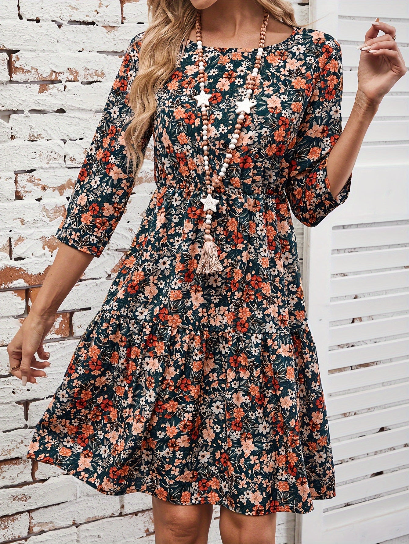 Elegant Floral Print Midi Dress for Women - Crew Neck, 3/4 Sleeve, A-Line with Ruffle Hem, Machine Washable - Perfect for Fall, for Autumn, Spring