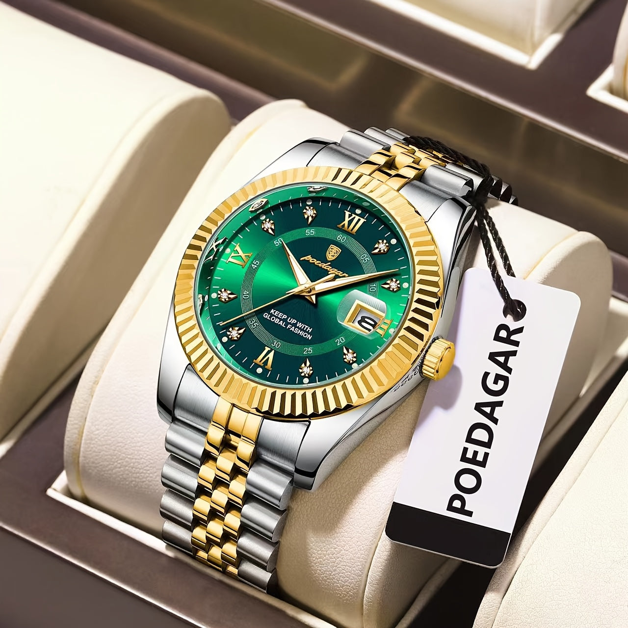 POEDAGAR Luxury Men'S Quartz Watch - Waterproof, Luminous, Stainless Steel Band, Blue & Golden Accents, Date & Week Display, Casual Elegant Timepiece with Backpack Clasp