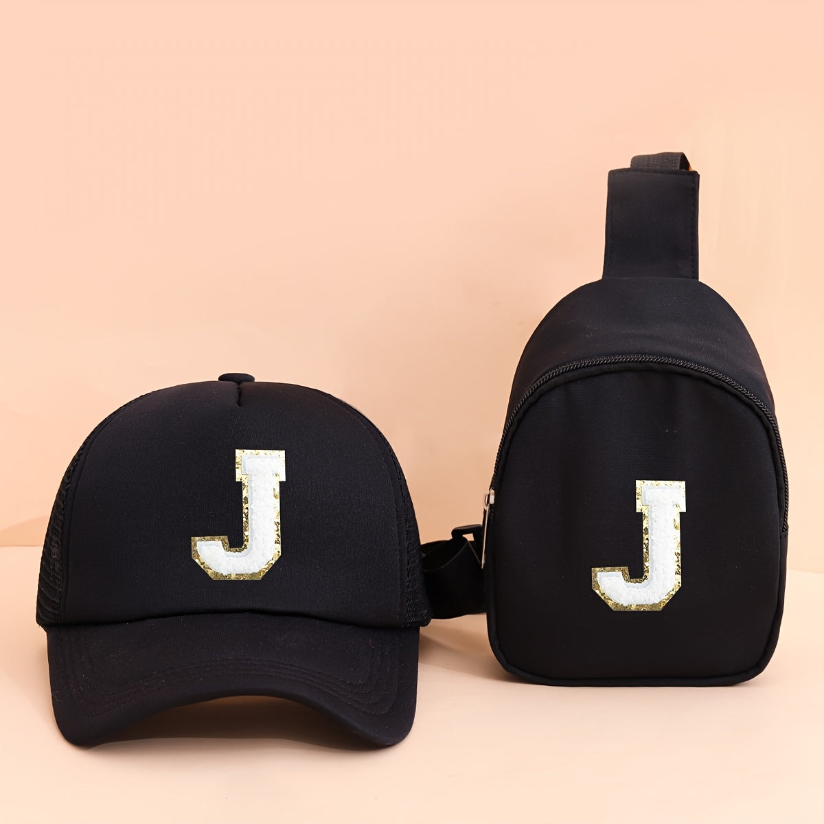 2pcs Kids' Printed Alphabet Pattern Set, Includes 1 Black Stylish Breathable Trucker Hat and 1 Black Crossbody Bag, Lightweight Sun Hat with Small Coin Purse, Suitable for Boys and Girls Aged 5-10 for Daily Outings and Back-t
