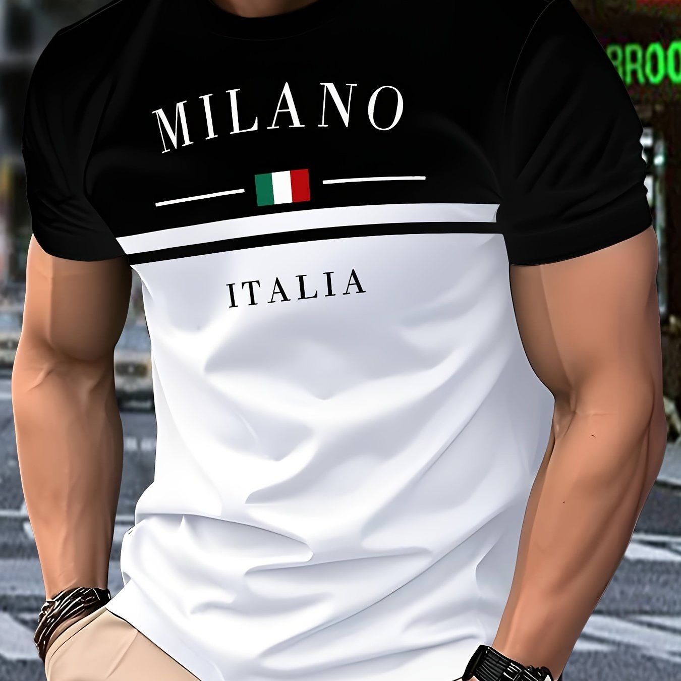 Men's casual short-sleeve round-neck striped polyester knit T-shirt, breathable, 110g/m², slightly stretchy, regular fit, smooth texture, suitable for summer weekend wear