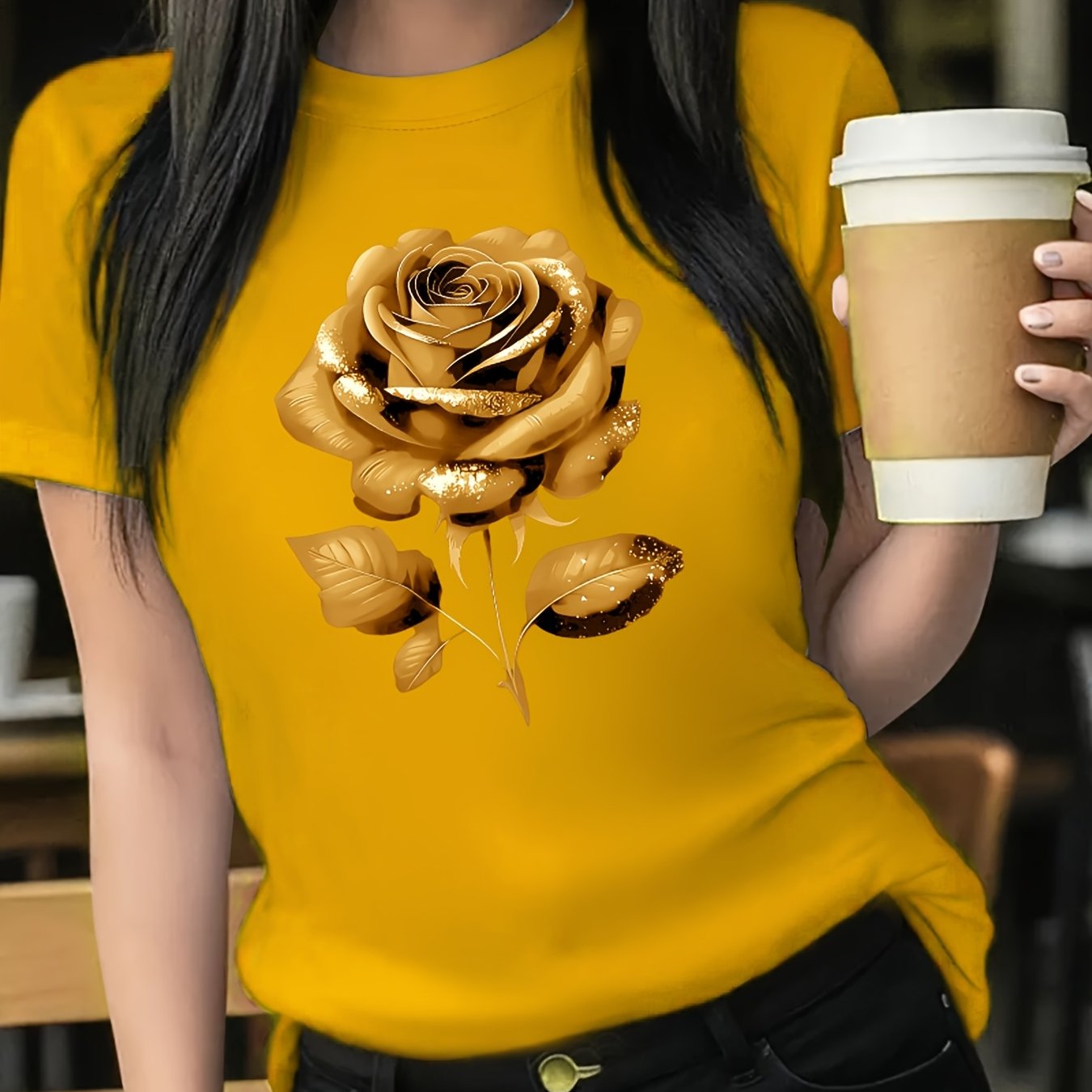 The Black Roseprint t-shirt, short sleeve crew neck casual top for summer & spring, Women's clothing gift