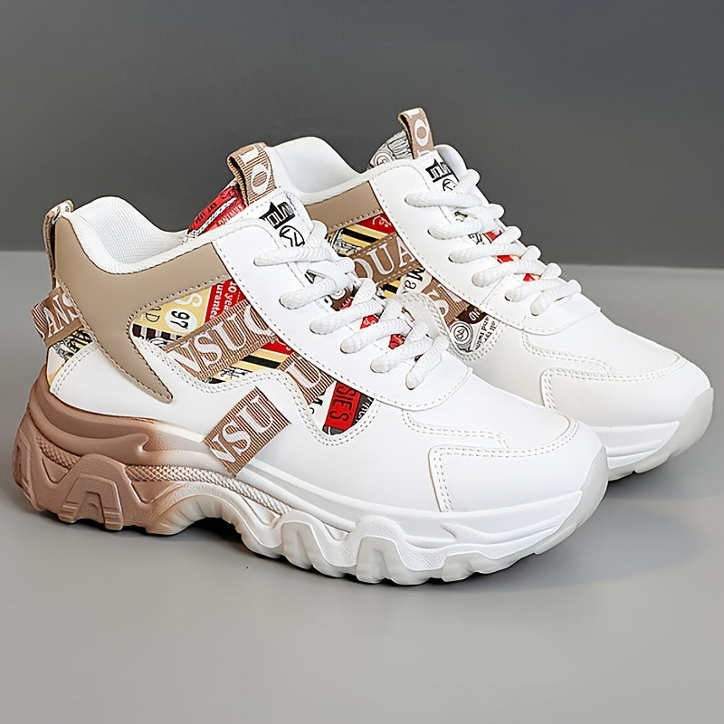 Women's Breathable Lightweight Running Shoes - Trendy Color Block Design with "NO Fear Limits" Print, Casual Athletic Sneakers, Lace-Up Closure, Beige & Red Upper, Rubber Sole, All-Season Wear, Ladies Sneakers, Sporty Lifesty