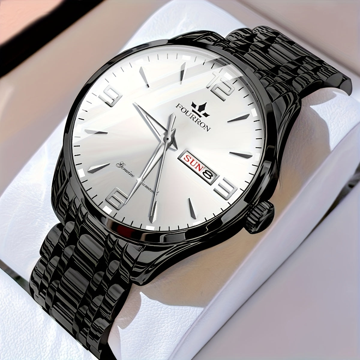 1pc New FOURRON Men's Stainless Steel Strap Quartz Watch - Large HD Scratch Resistant and Wear-Resistant Dial, IPX7 Waterproof, Luminous, Date & Calendar Function, Silent Movement, Stylish Gift for Him