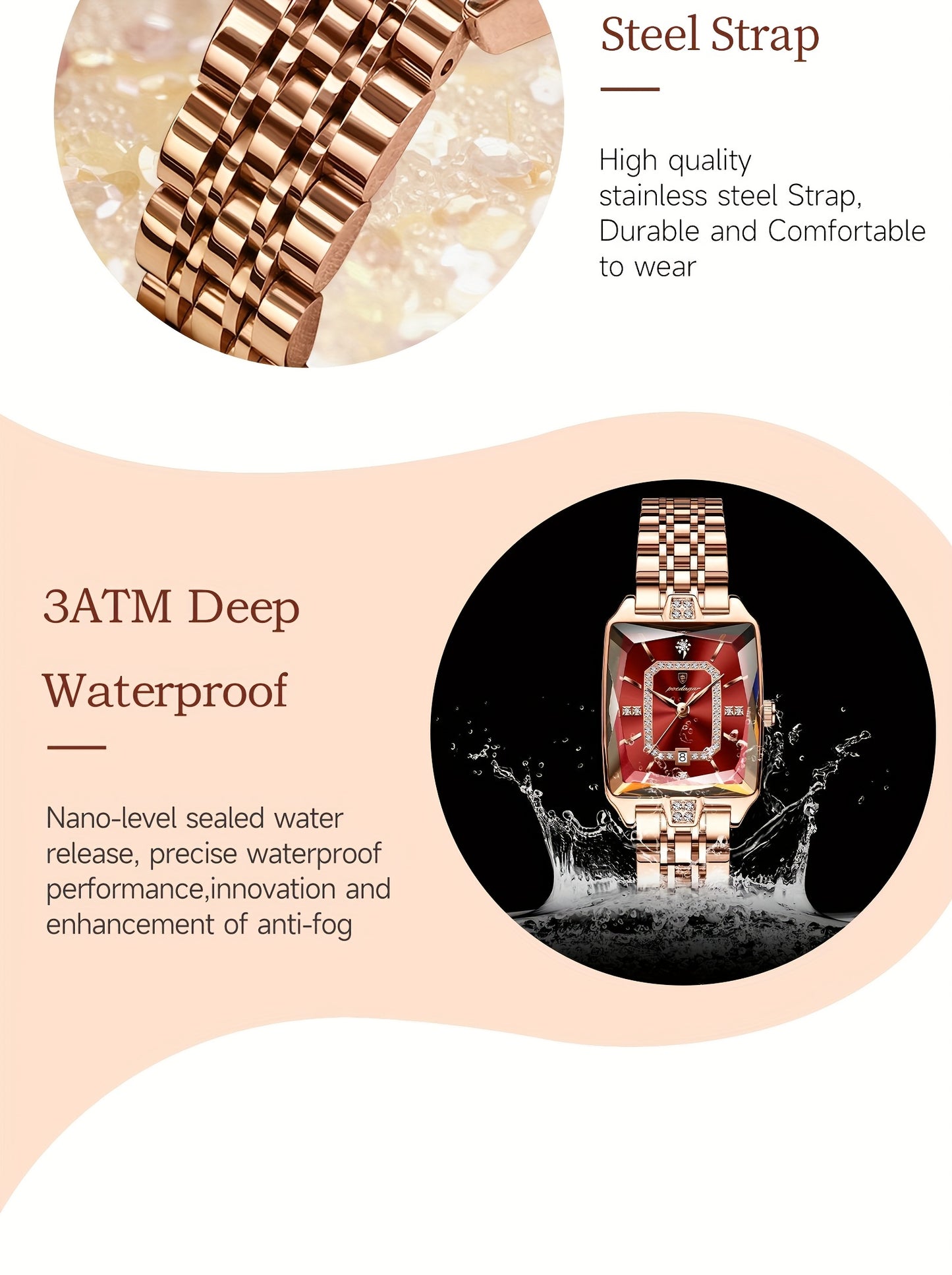 POEDAGAR Elegant Women's Quartz Watch - Rose Golden Stainless Steel, (3ATM), Square Dial with Gemstone Accents, Date Display, Luxury Fashion Accessory for Casual or Formal Occasions