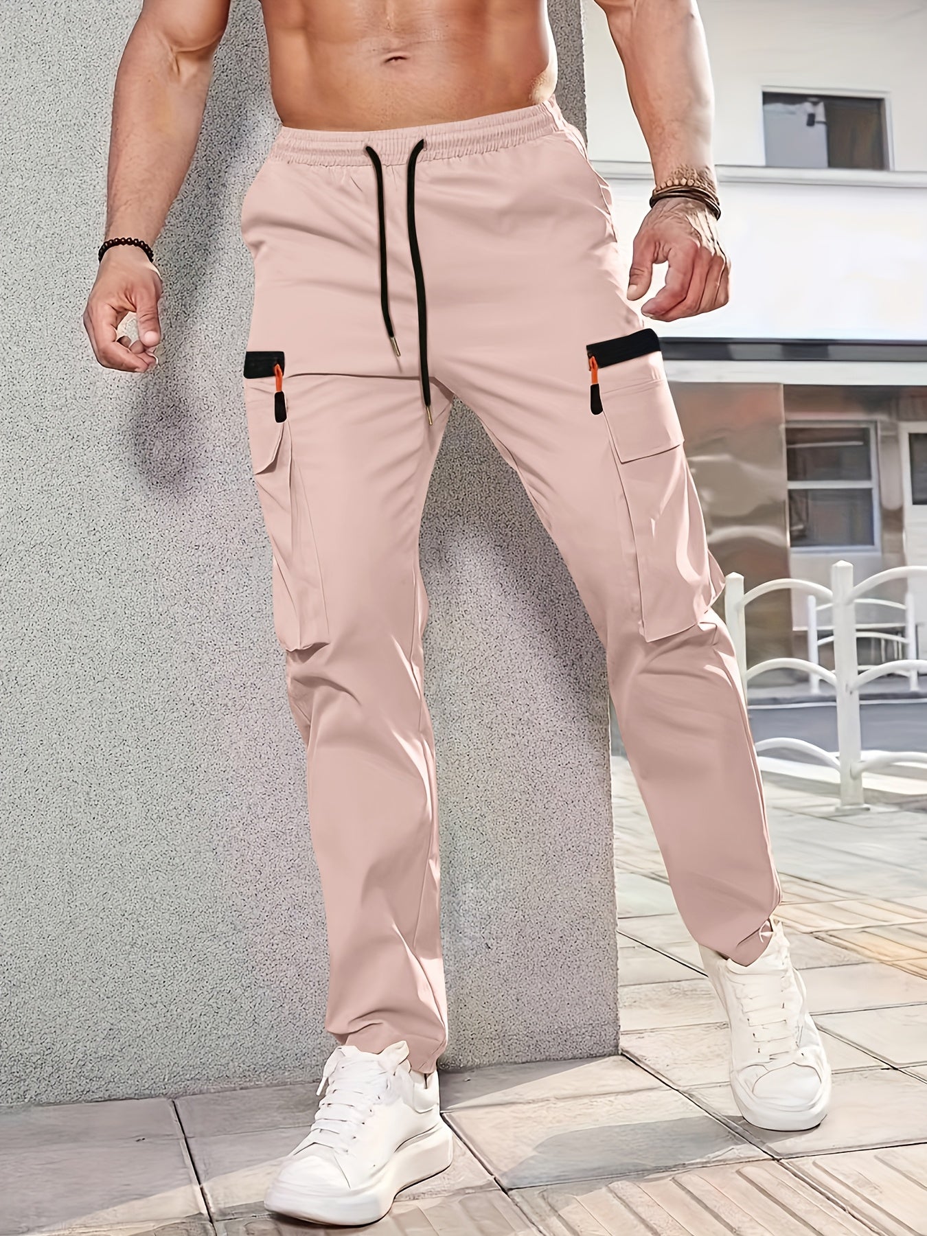 1pc Men'S Fashion Casual Cargo Pants, Solid Color Polyester Non-Stretch Fabric, All-Season Regular Fit with Multiple Pockets, Woven Straight-Leg Trousers for Sports and Leisure