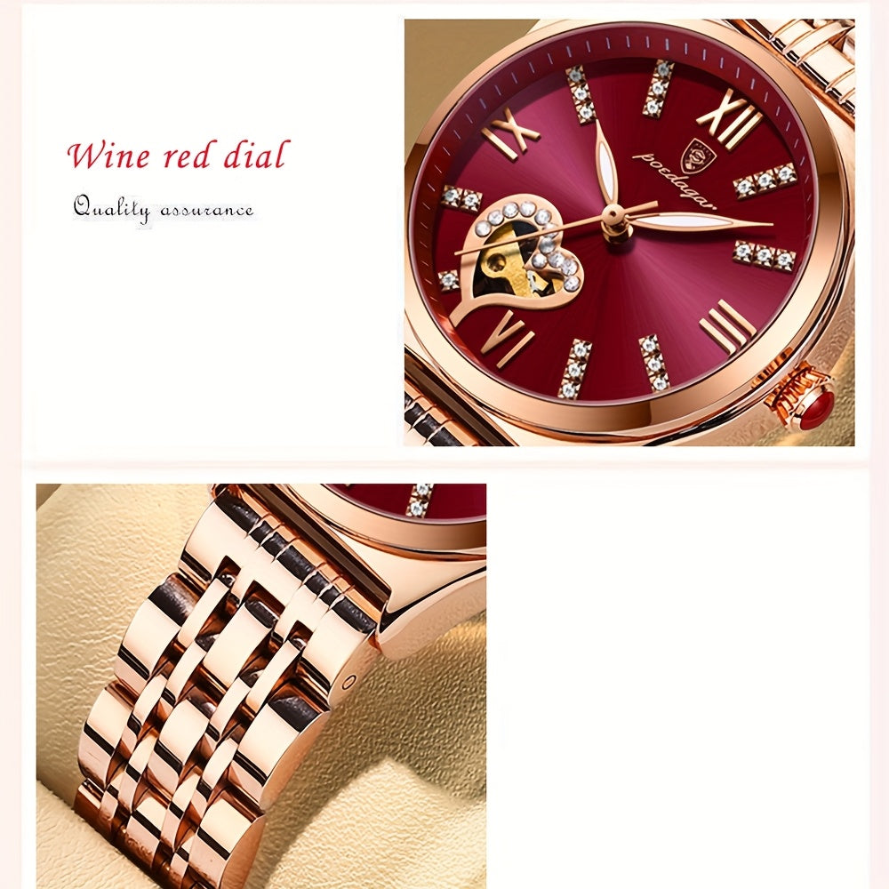 POEDAGAR Elegant Women's Quartz Watch - Rose Golden-Tone Stainless Steel, Luminous Hands & Calendar,, Date Display with Heart Detail