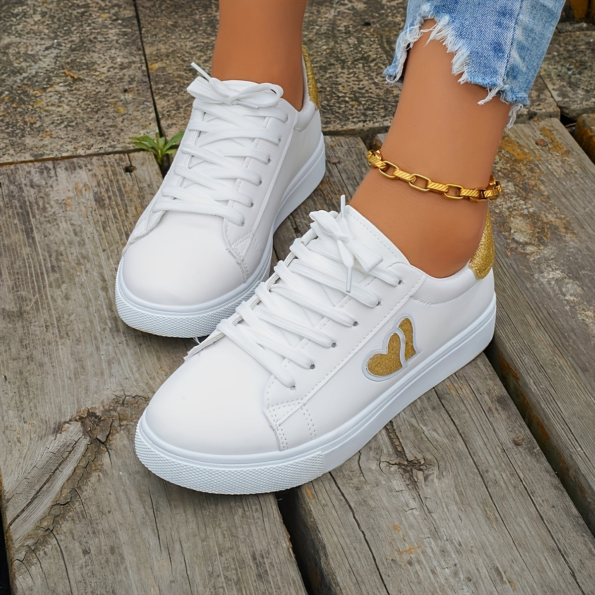 Women'S White Faux Cover Casual Sneakers - Low-Top Lace-Up Shoes with Heart Design, Rubber Sole, All-Season Comfort, Casual Footwear | Heart Detail Shoes | Synthetic Cover Sneaker