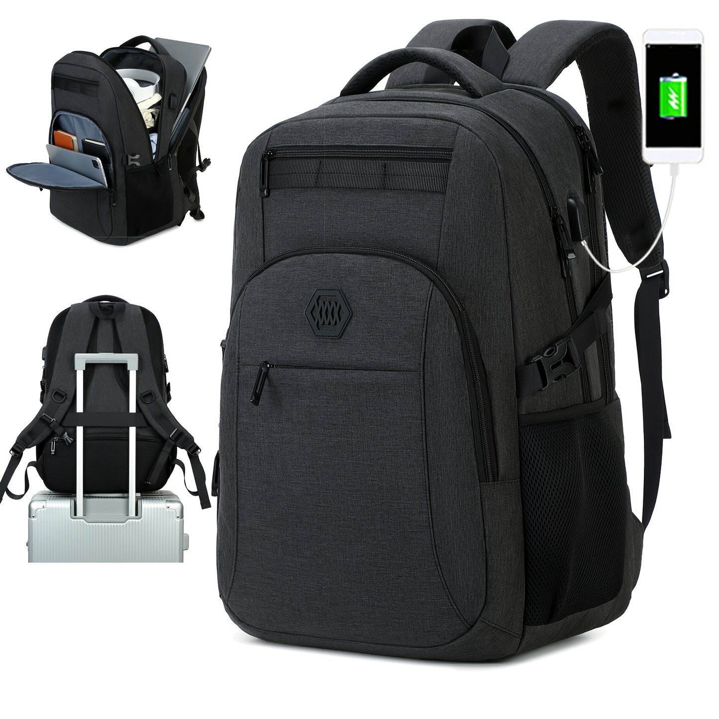 Travel Laptop Backpack, Business Slim Durable Laptop Backpack With USB Charging Port And Trolley Cover, Male And Female College High School Laptop Bag For 15.6 Inch Laptop