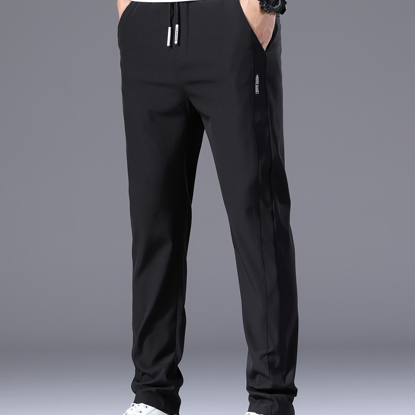 Men's Summer Casual Pants - Lightweight Stretch Nylon, Elastic Drawstring Waist, Straight Fit, Solid Black Trousers for Casual Attire, Adjustable Comfort Pants|Relaxed Look|Glossy Finish